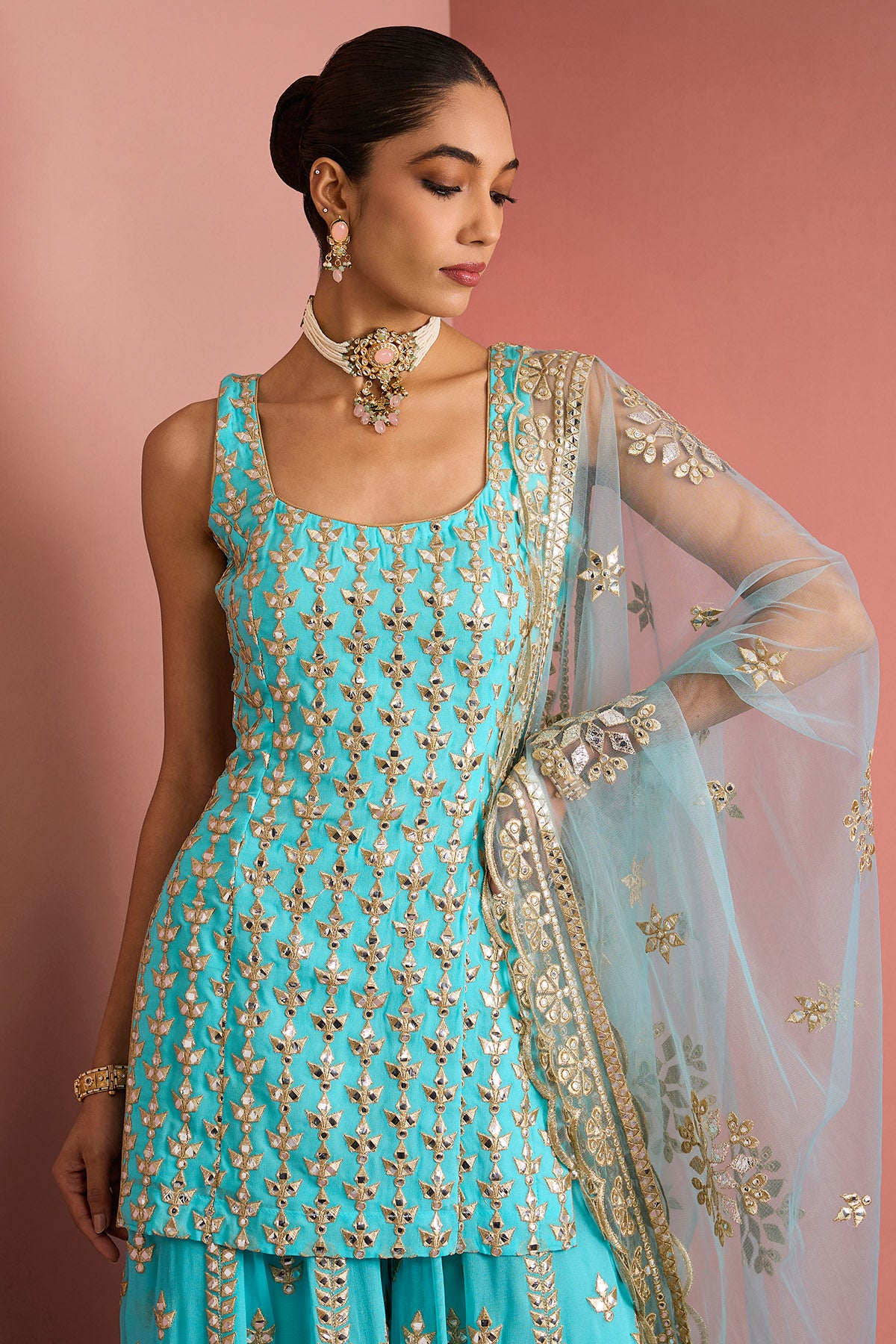 Blue Gota Applique Sharara Set