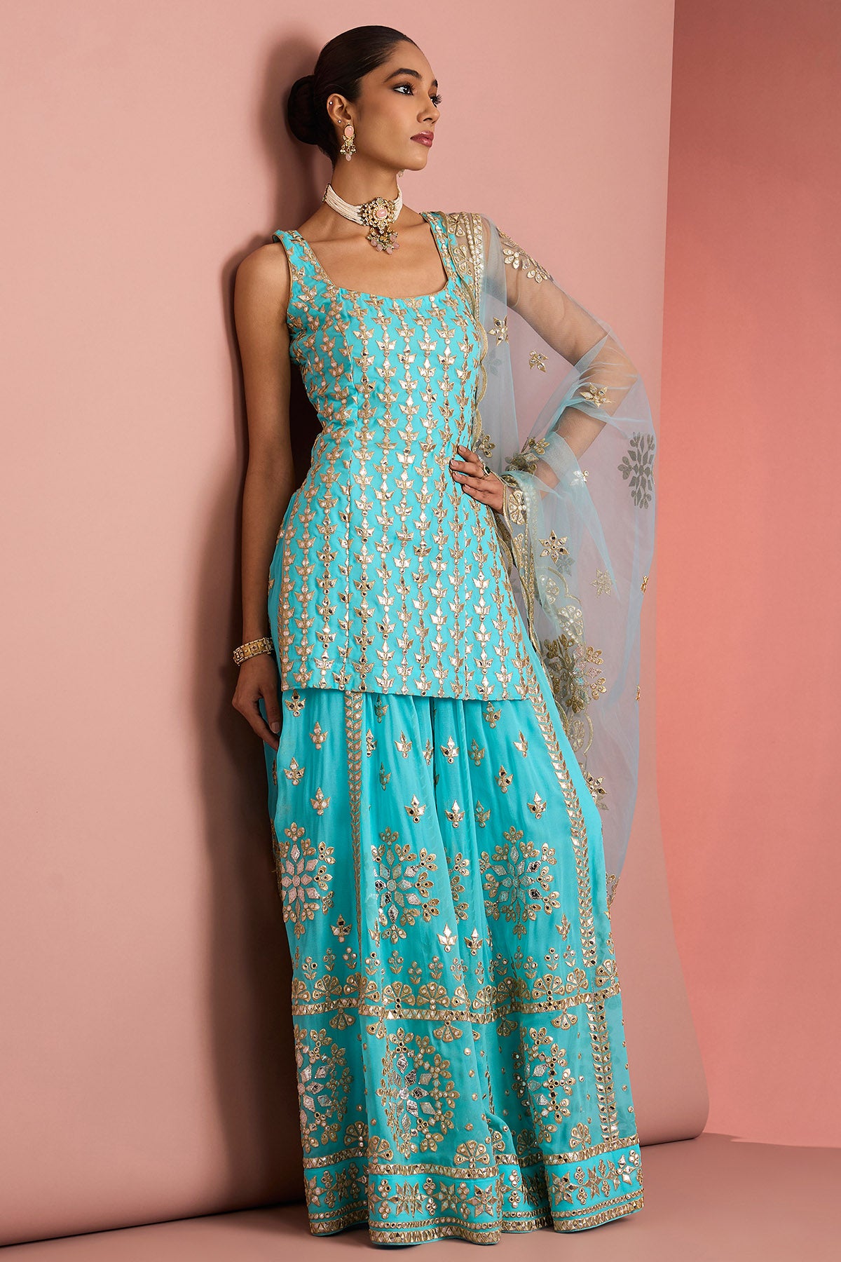 Blue Gota Applique Sharara Set