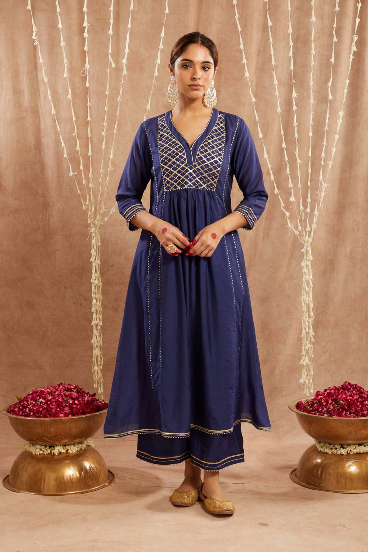 Buy Blue Gota Chanderi Kurta Set by Nero for women online at ScrollnShops