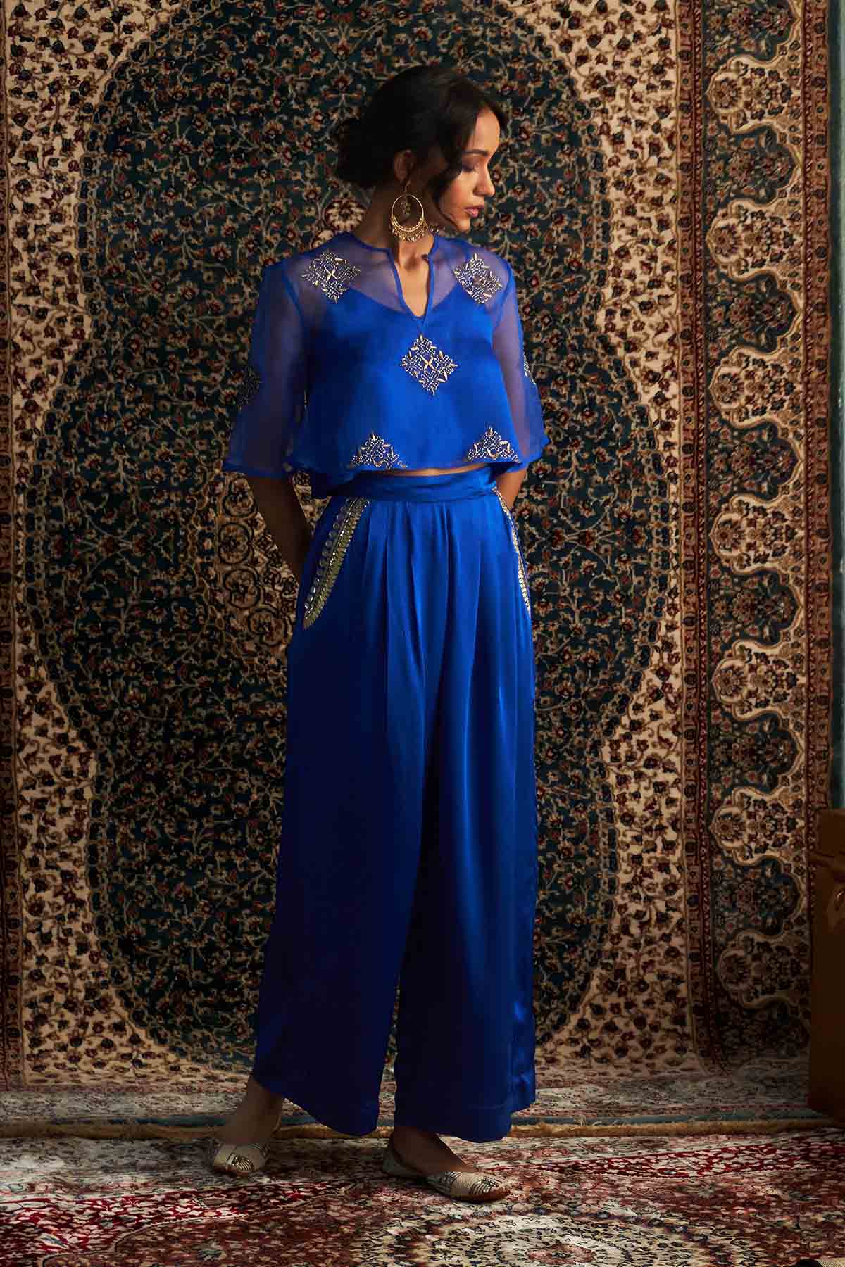 Blue Gota Embroidered Pants Set