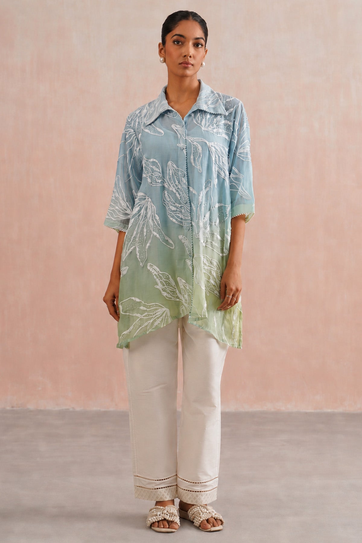 Buy Blue & Green Chanderi Kurta Set for women by Ugna by Unnati online available at scrollnshops
