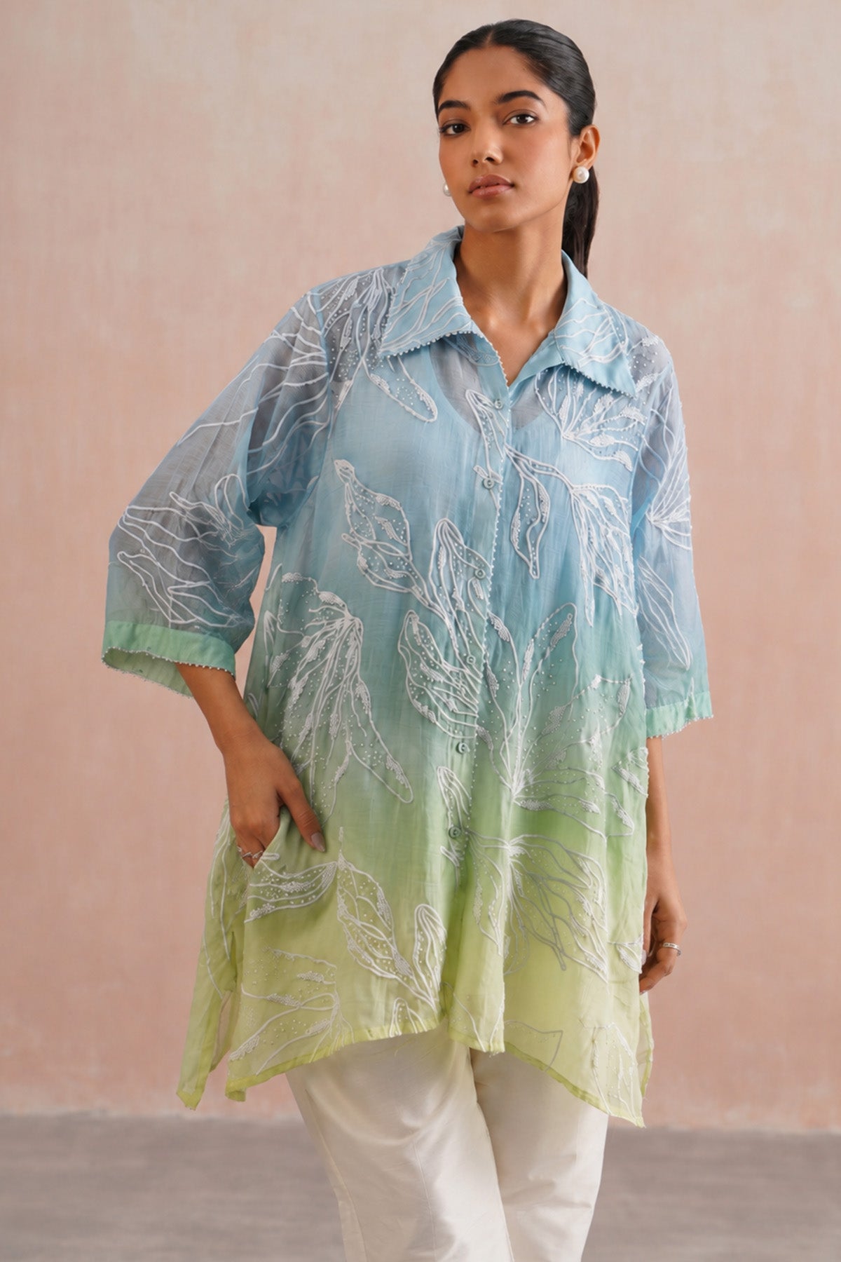 Blue & Green Chanderi Kurta Set