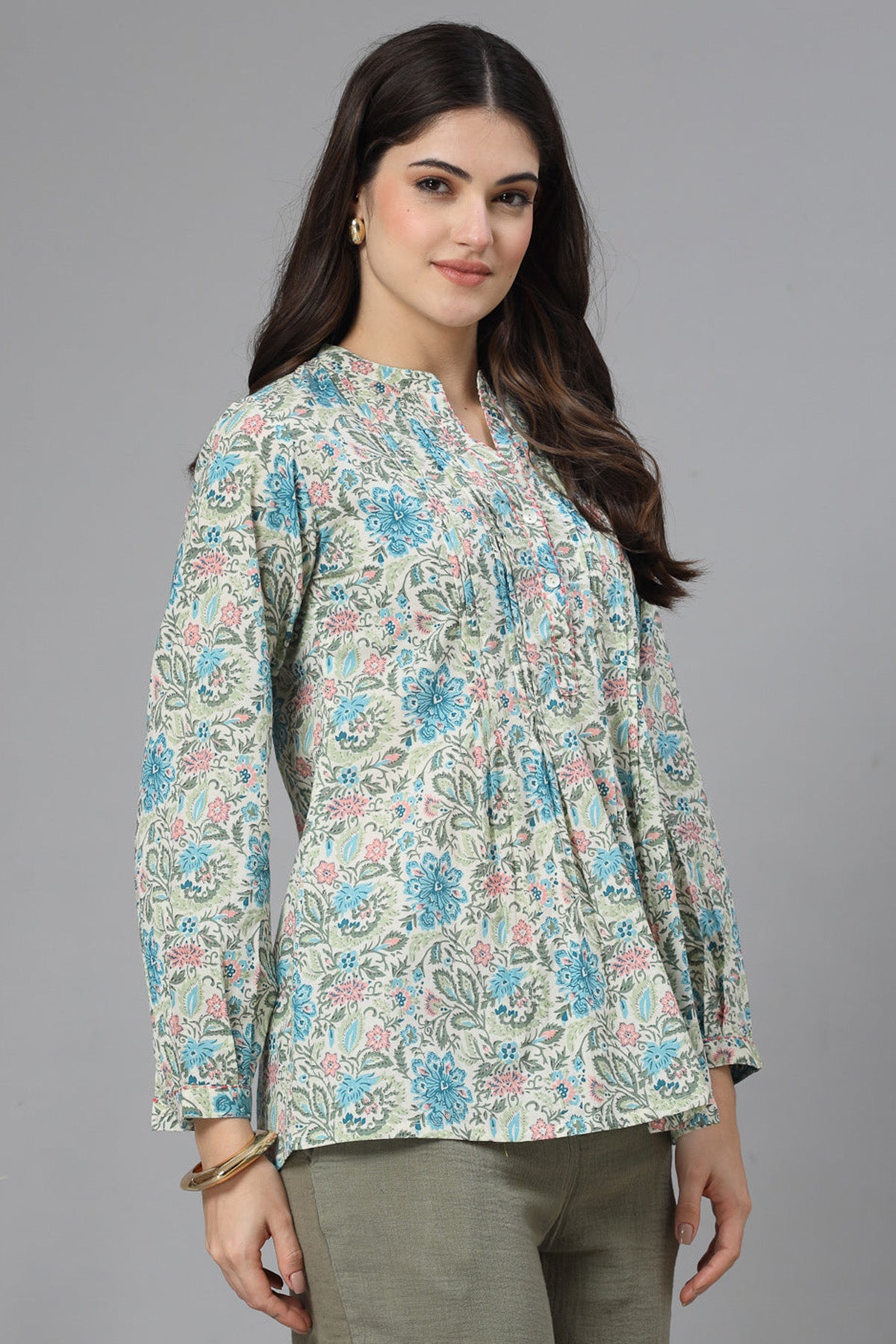 Buy Blue & Green Cotton Printed Top for Women by Qomn Designer online available at scrollnshops