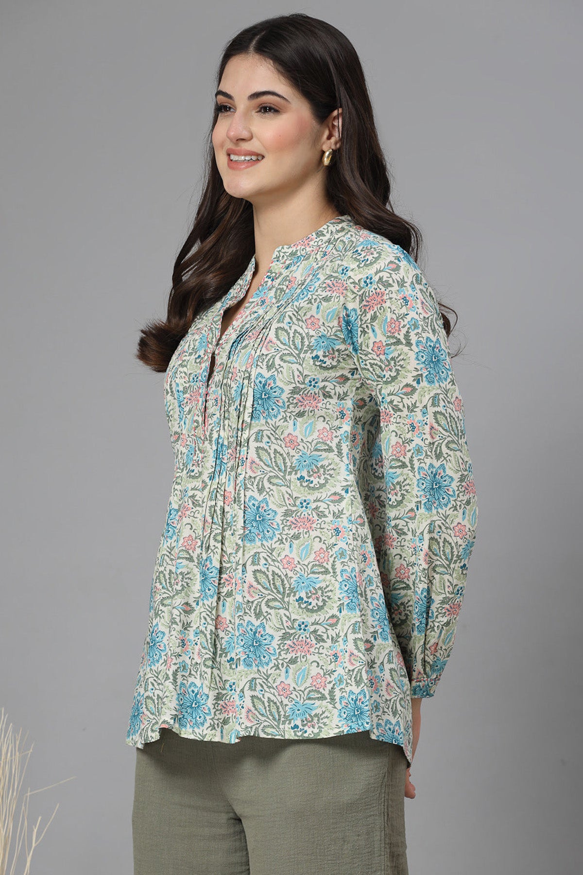 Blue & Green Cotton Printed Top