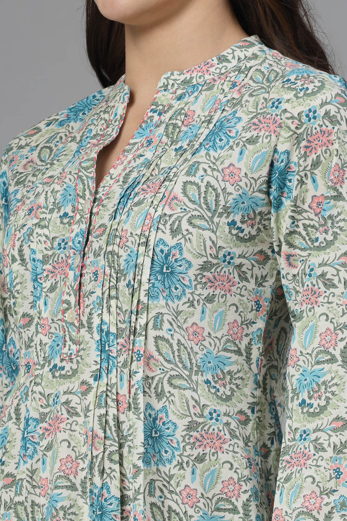 Blue & Green Cotton Printed Top