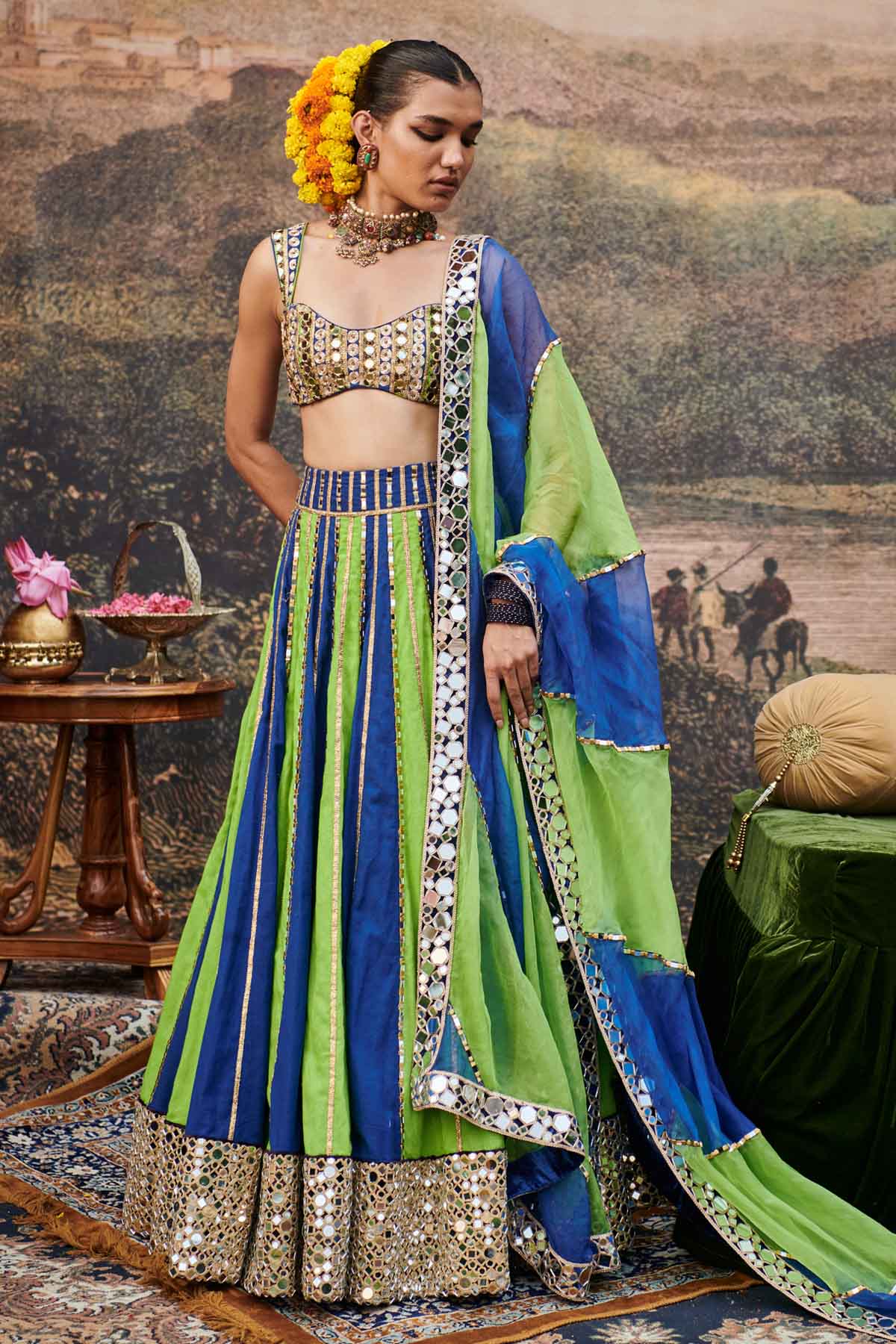 ITRH Blue & Green Mirror Lehenga Set for women online at ScrollnShops