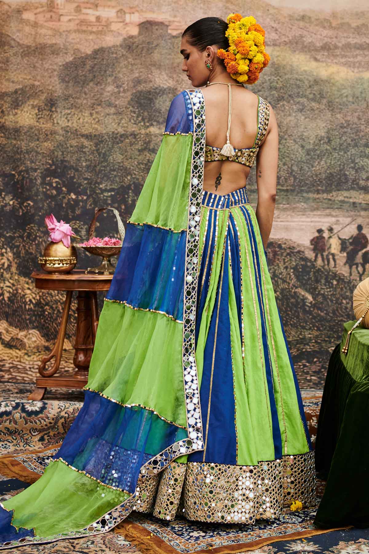 Blue & Green Mirror Lehenga Set