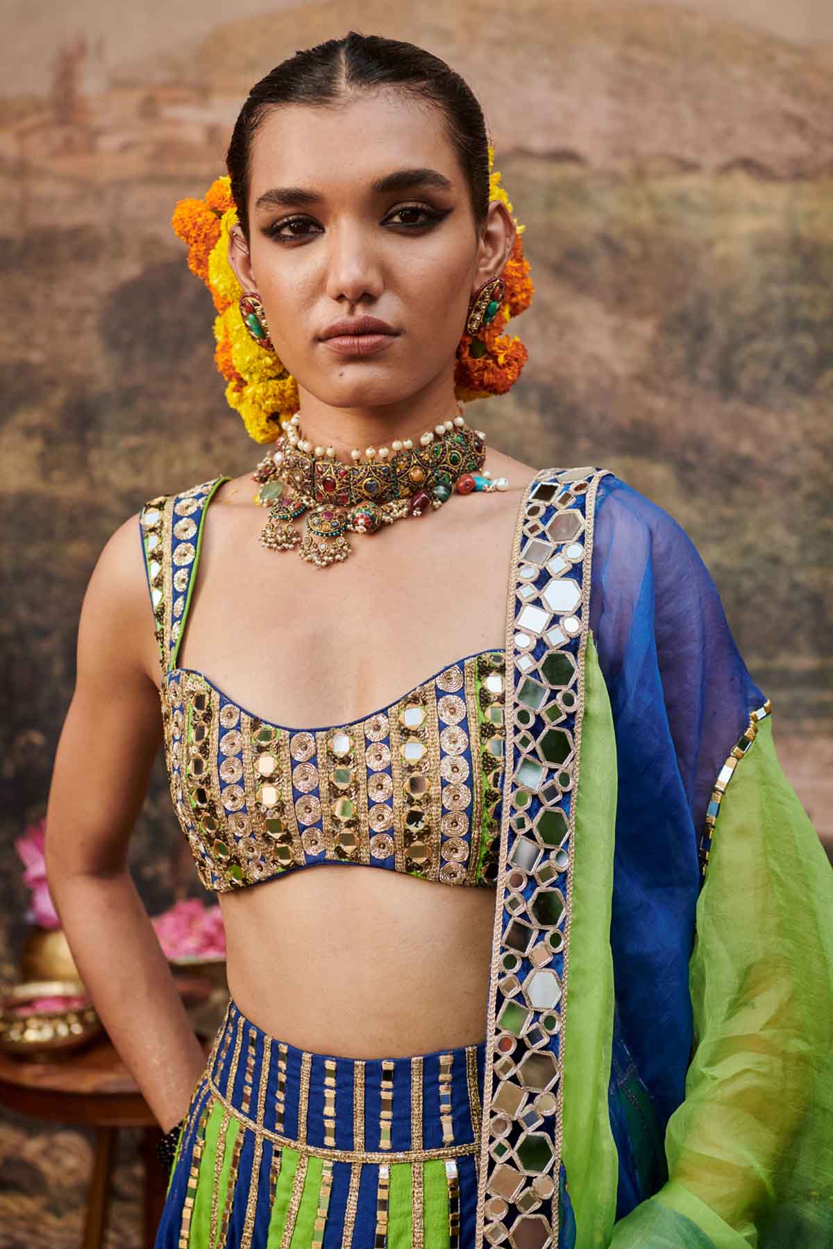 Blue & Green Mirror Lehenga Set