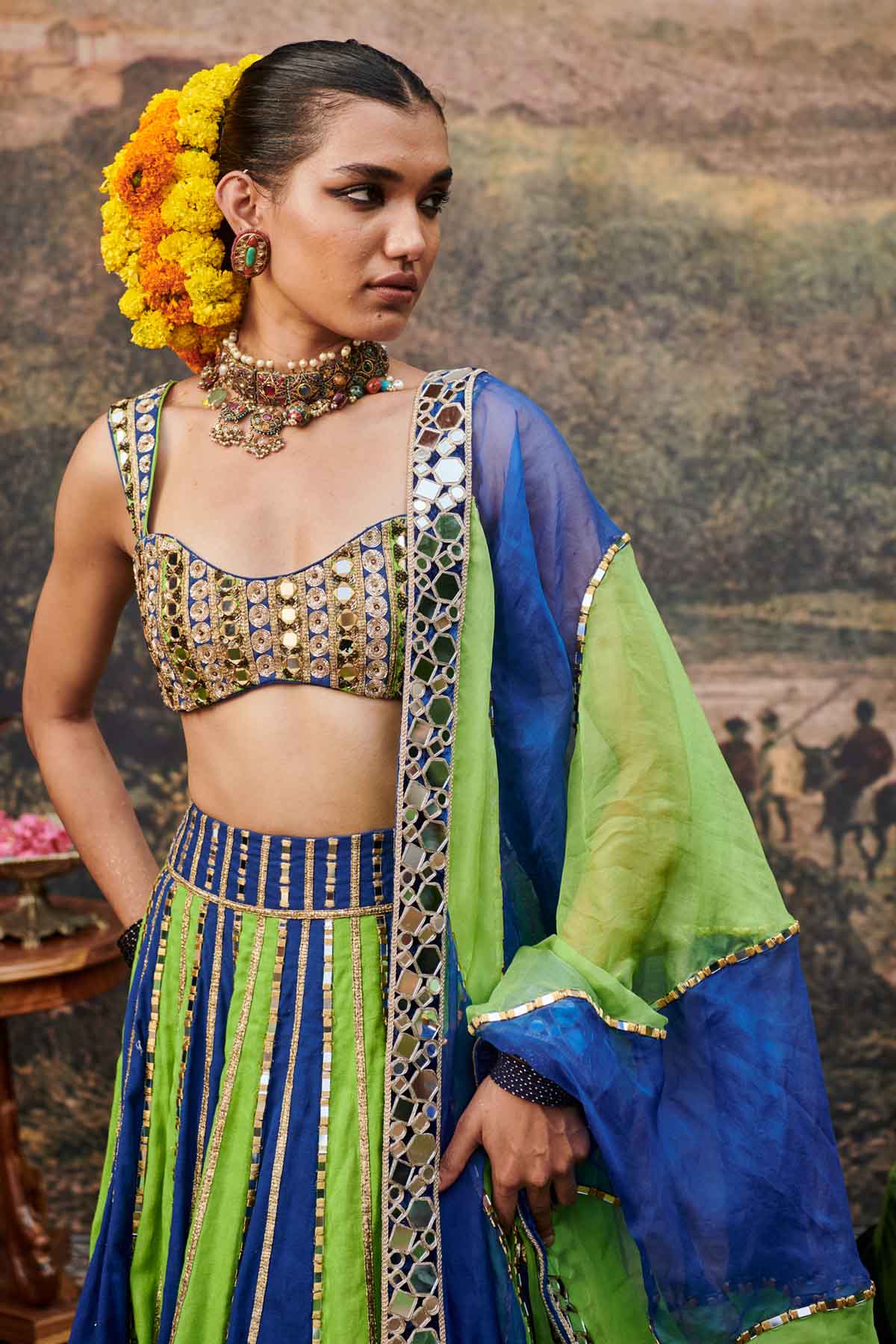 Blue & Green Mirror Lehenga Set