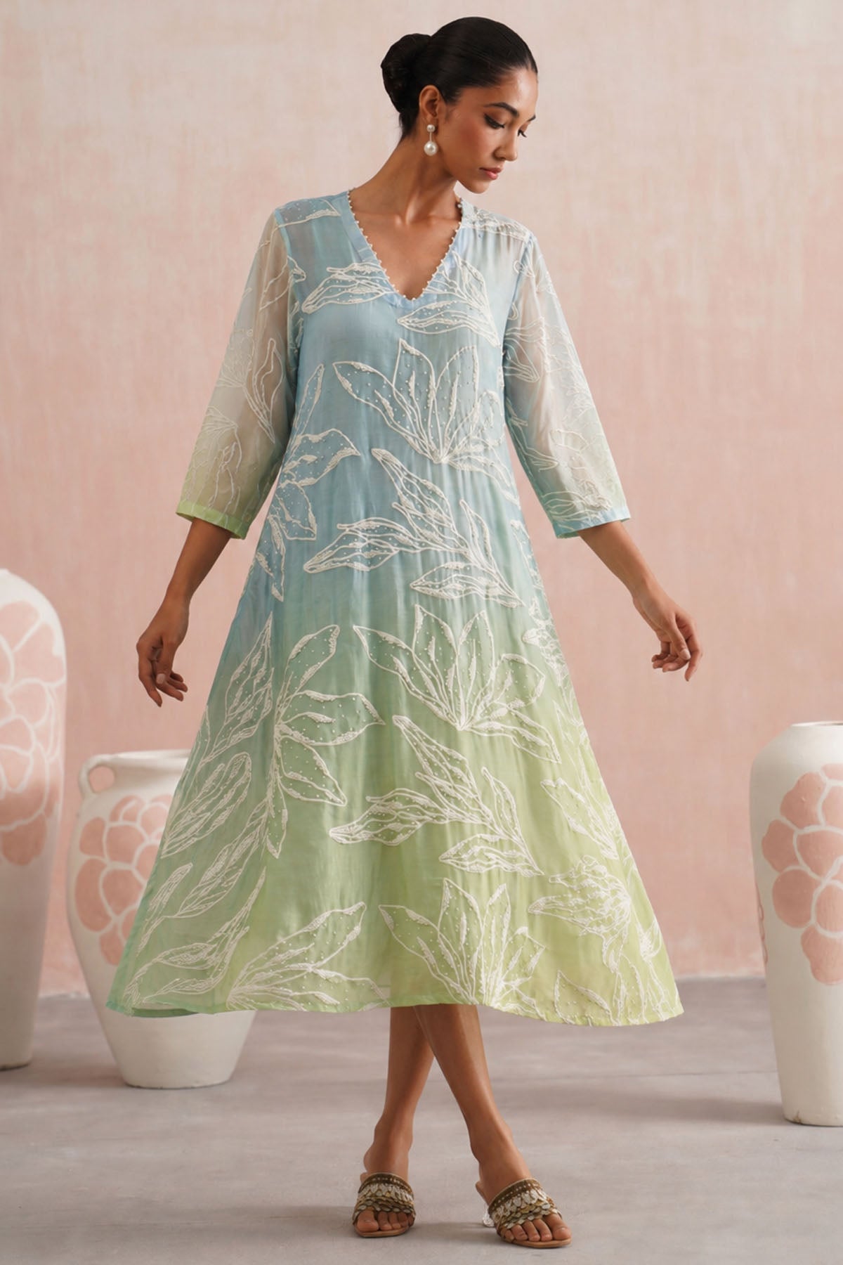 Buy Blue & Green Mul Chanderi Dress for women by Ugna by Unnati online available at scrollnshops