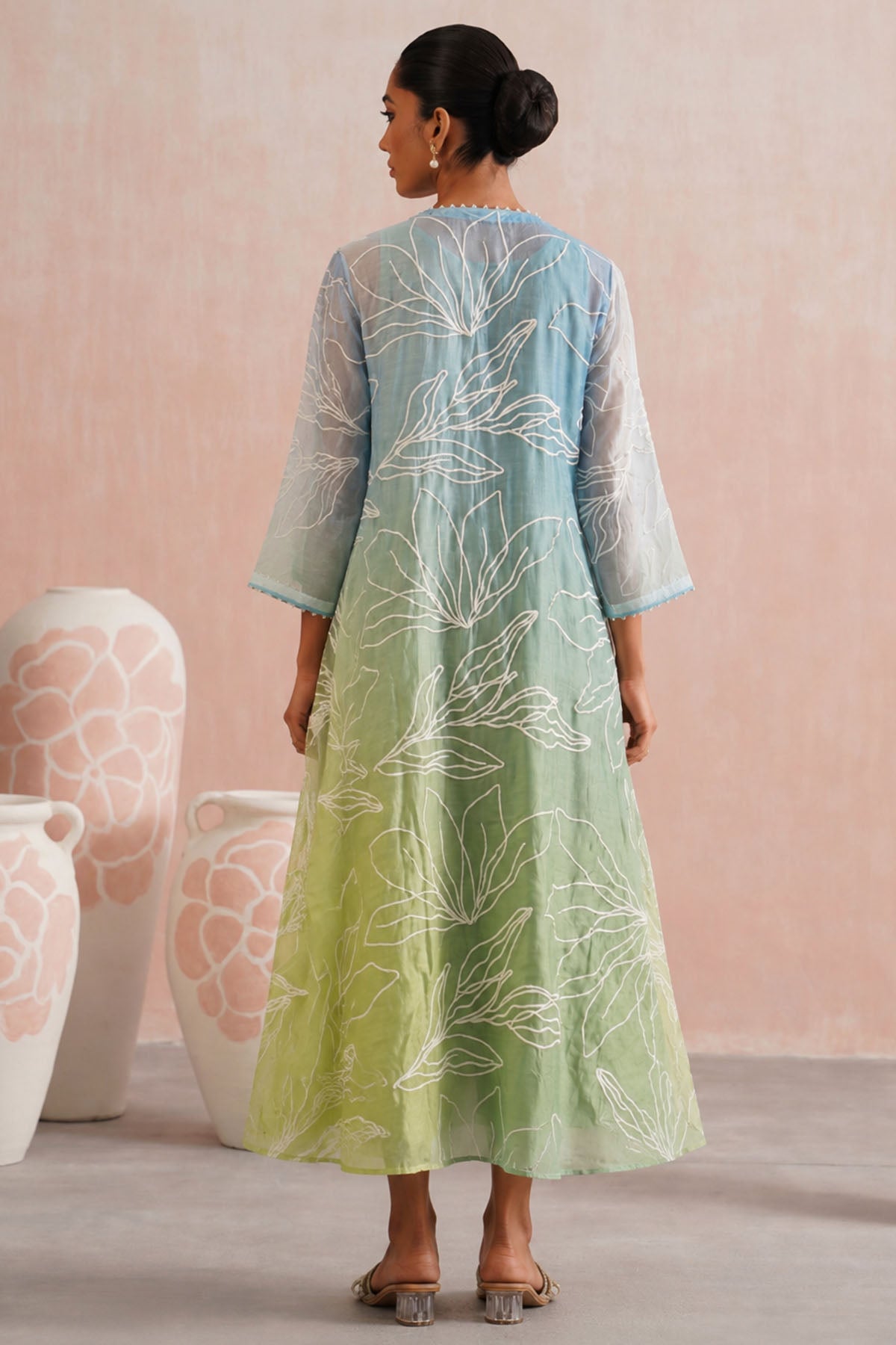 Blue & Green Mul Chanderi Dress