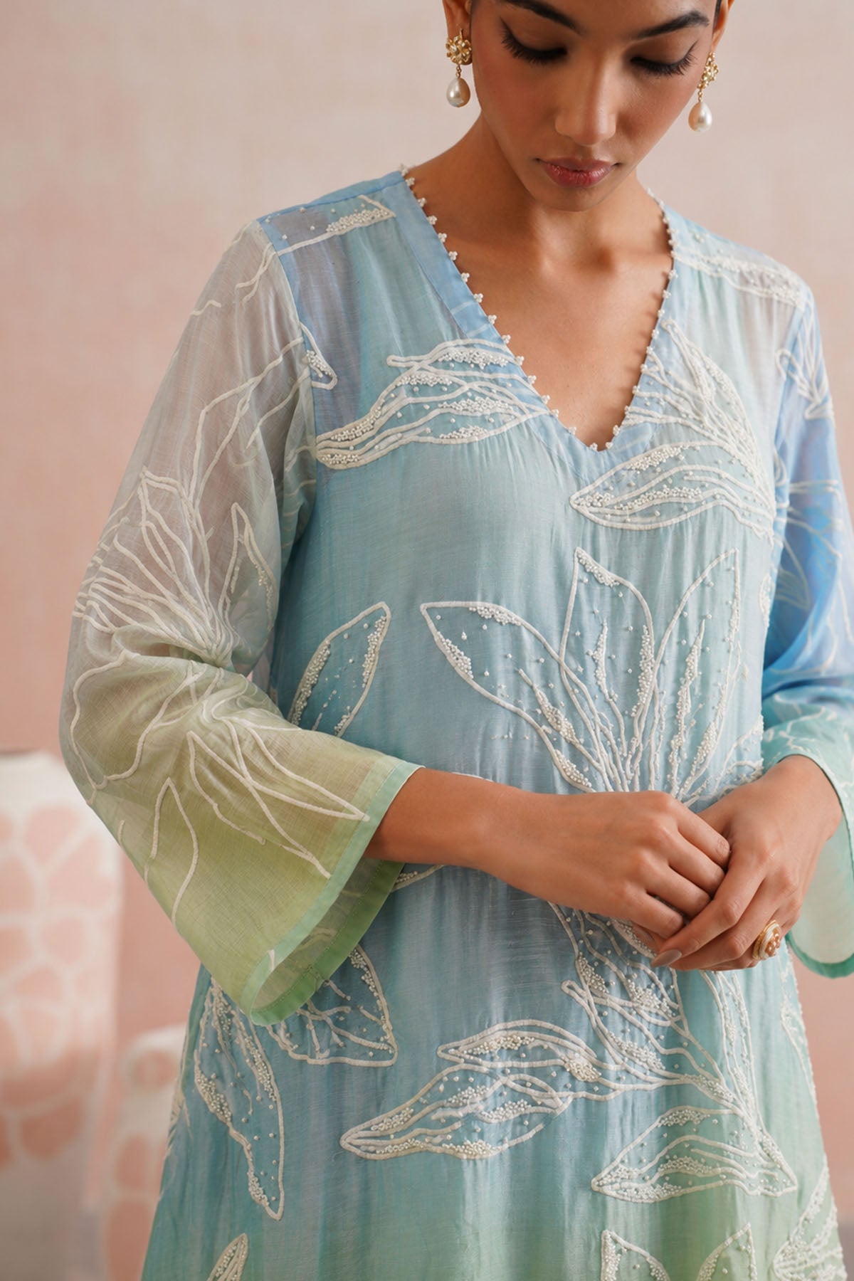 Blue & Green Mul Chanderi Dress