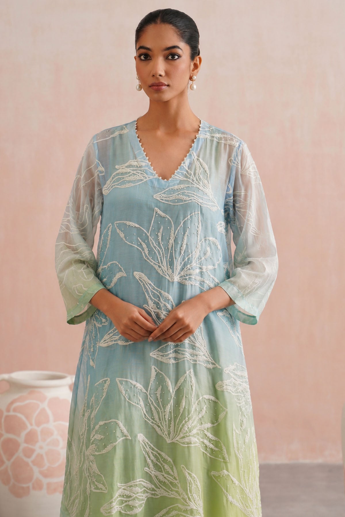 Blue & Green Mul Chanderi Dress