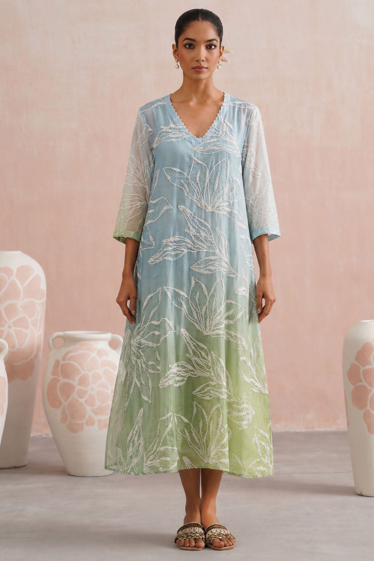 Blue & Green Mul Chanderi Dress
