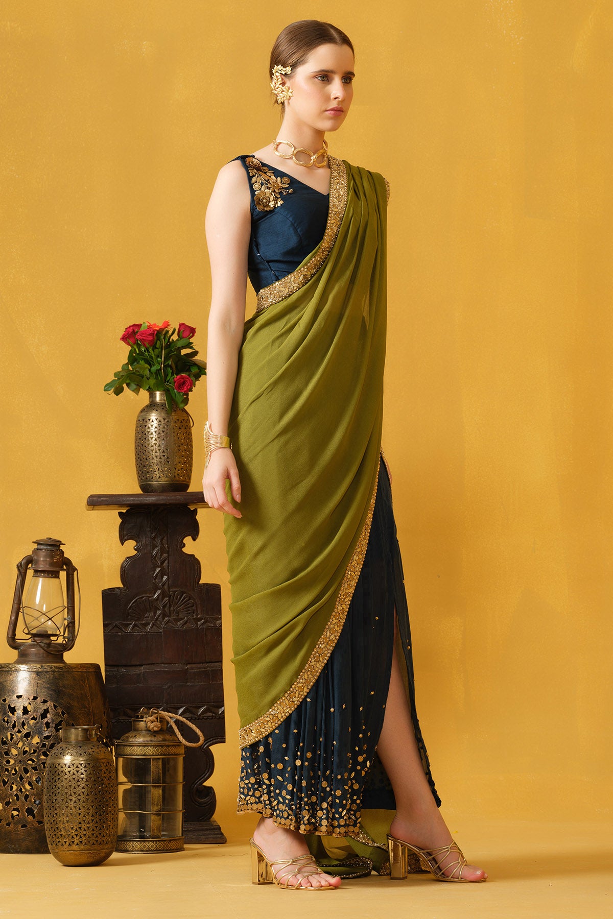 Blue Green Pipes & Beads Saree