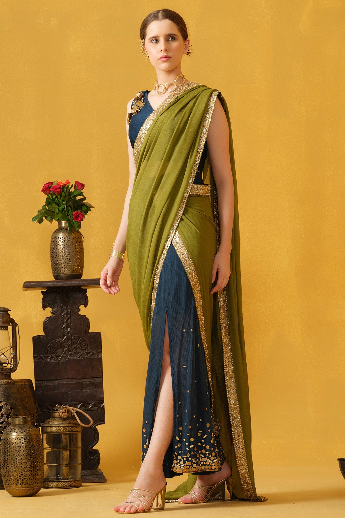Blue Green Pipes & Beads Saree