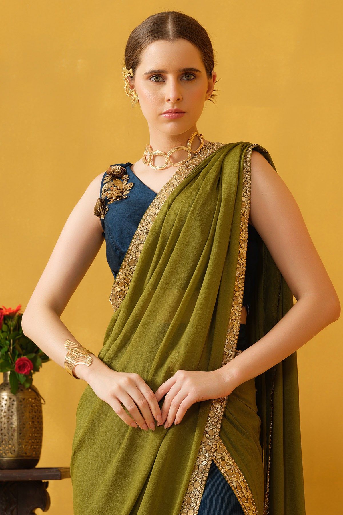 Blue Green Pipes & Beads Saree