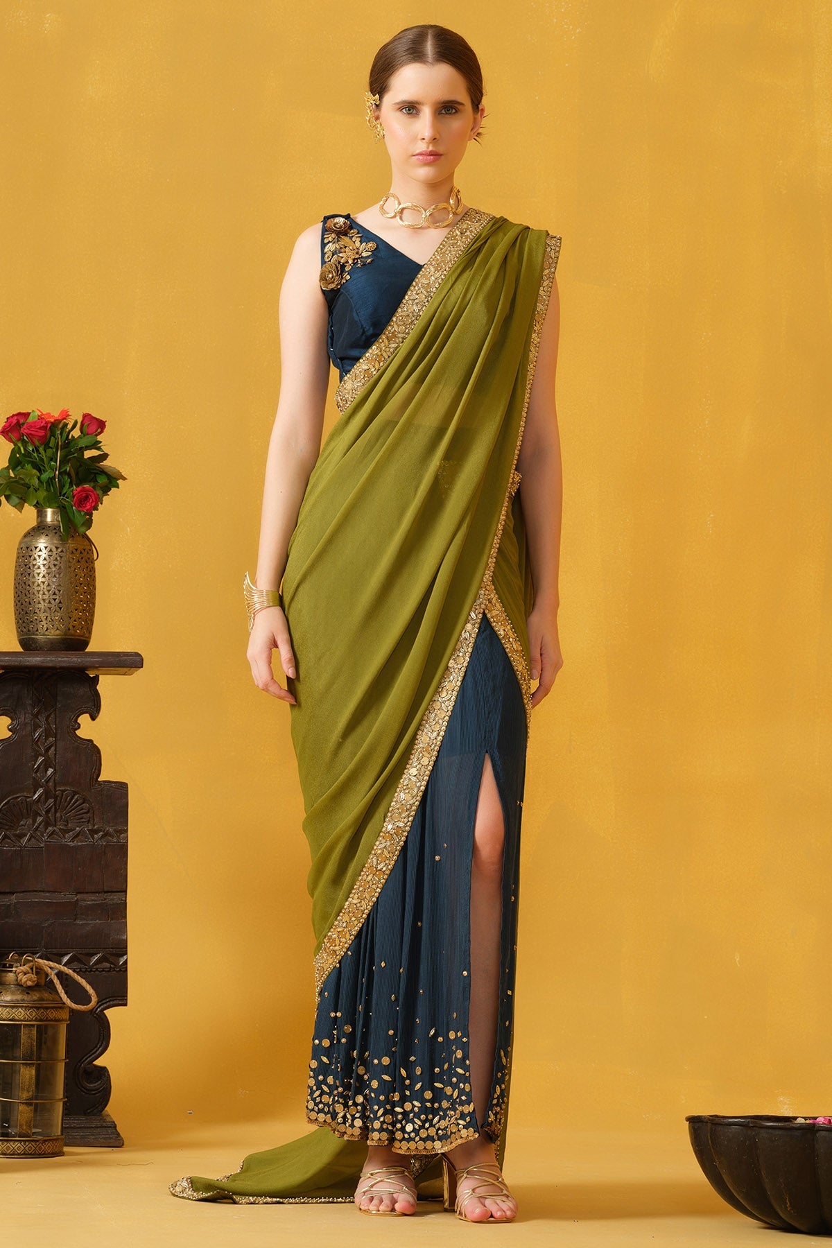 Buy Blue Green Pipes & Beads Saree for women by Abstract By Megha Jain Madaan online available at scrollnshops