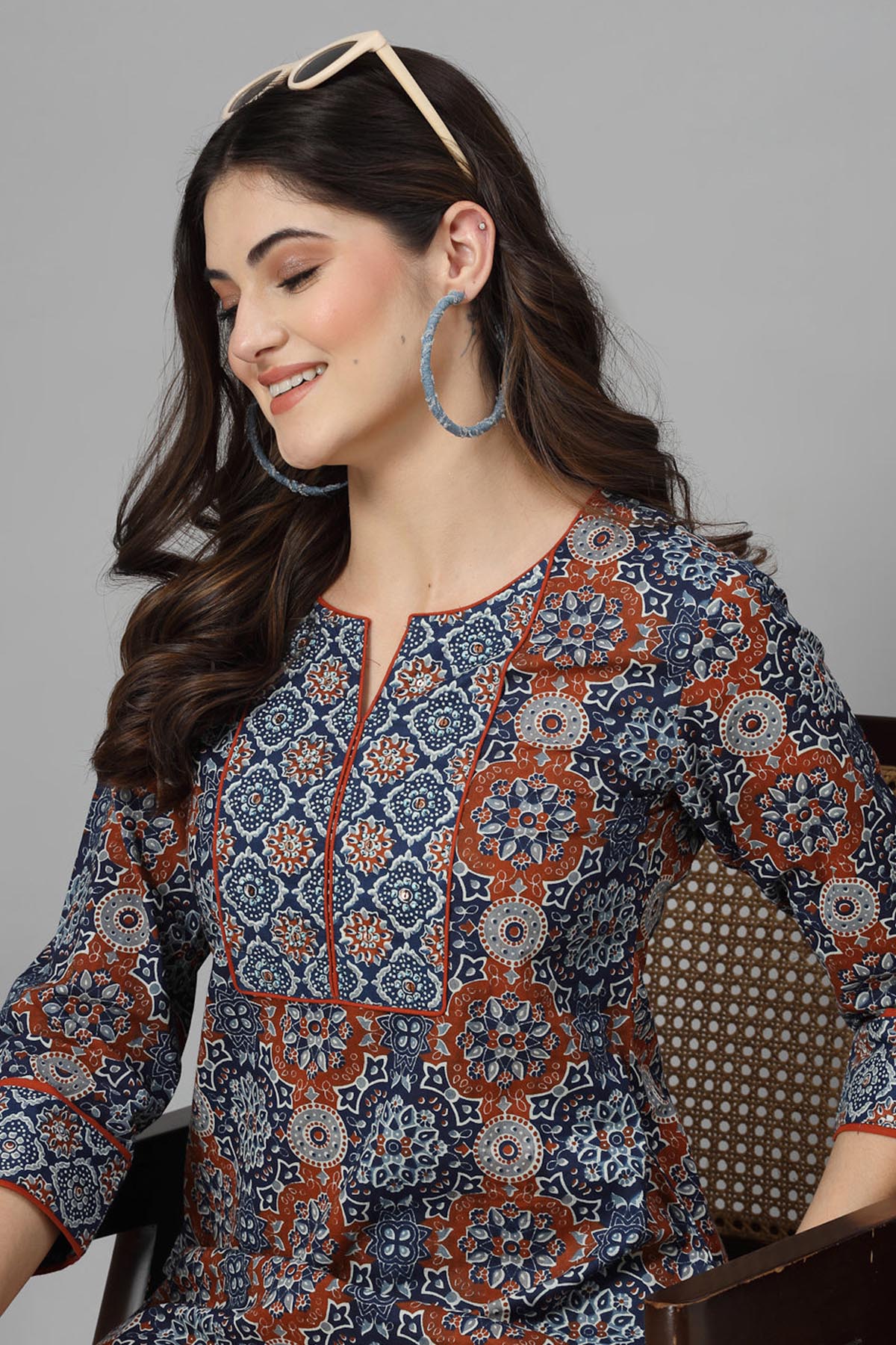 Blue & Grey Cotton Printed Top