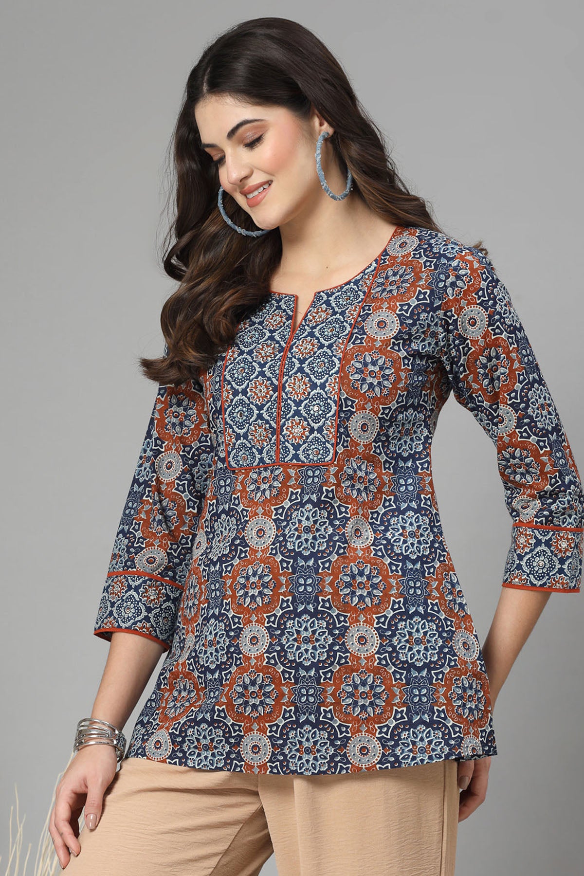 Blue & Grey Cotton Printed Top