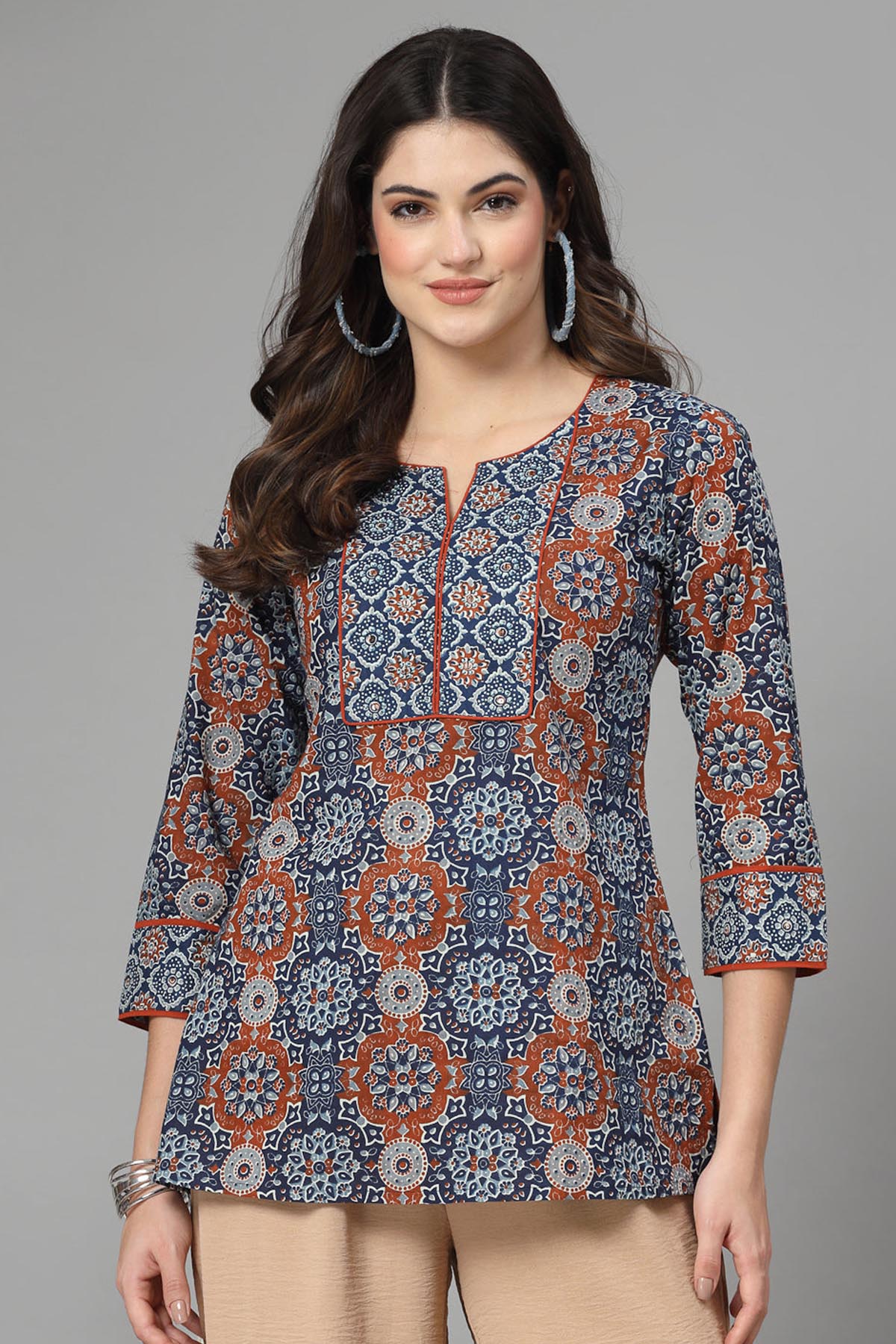 Buy Blue & Grey Cotton Printed Top for Women by Qomn Designer online available at scrollnshops