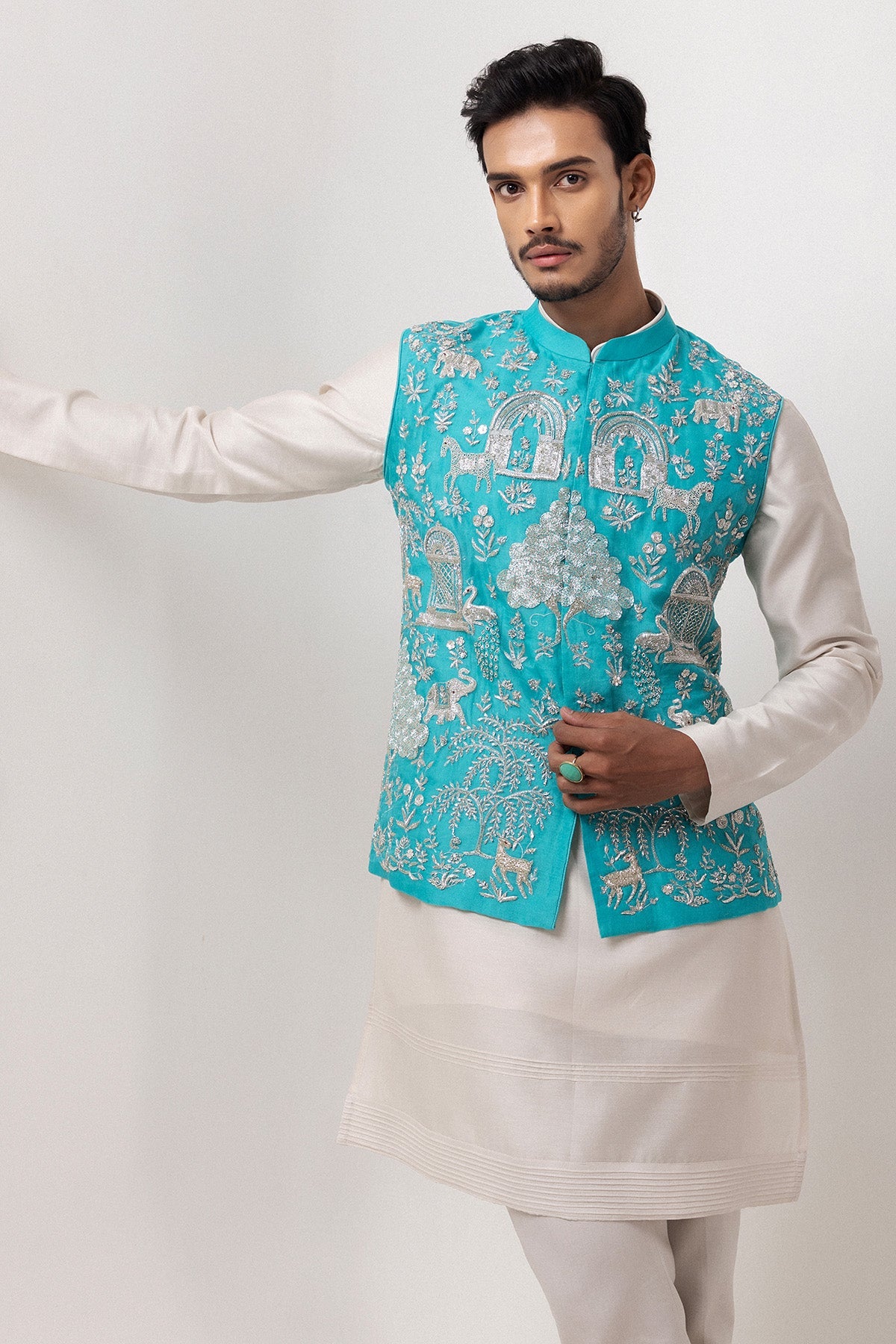 Buy Blue & Grey Embroidered Kurta for men by Paarsh Atelier online available at scrollnshops