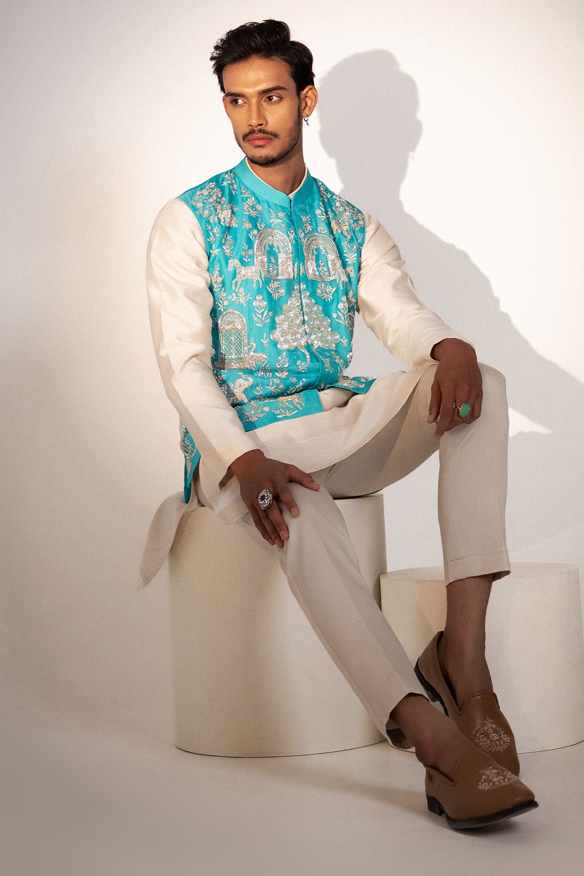 Blue & Grey Embroidered Kurta