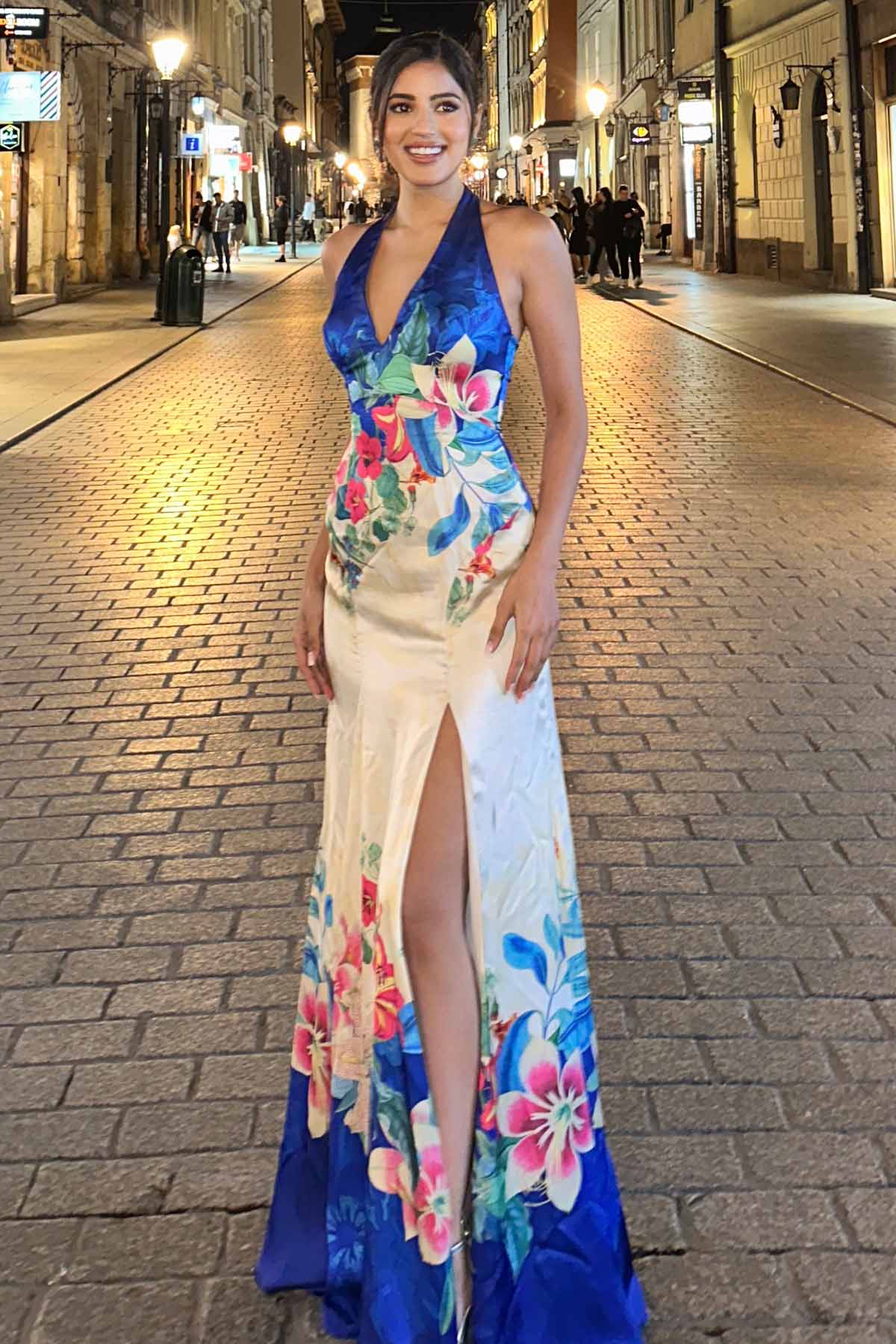 Buy Blue Halter Neck Printed Dress by Mandira Wirk