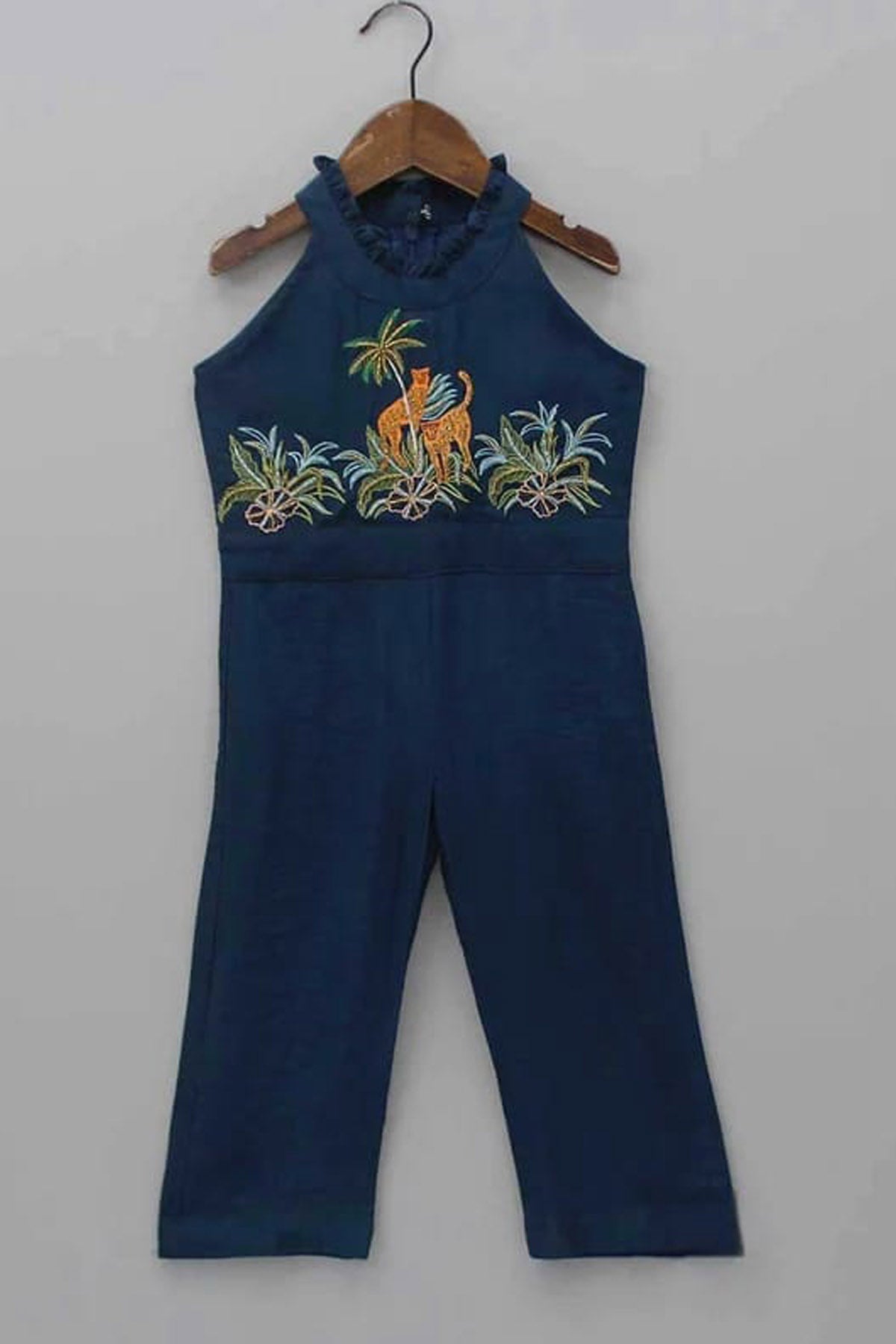 Little Brats Blue Hand Embroidered Jumpsuit for girl online at ScrollnShops