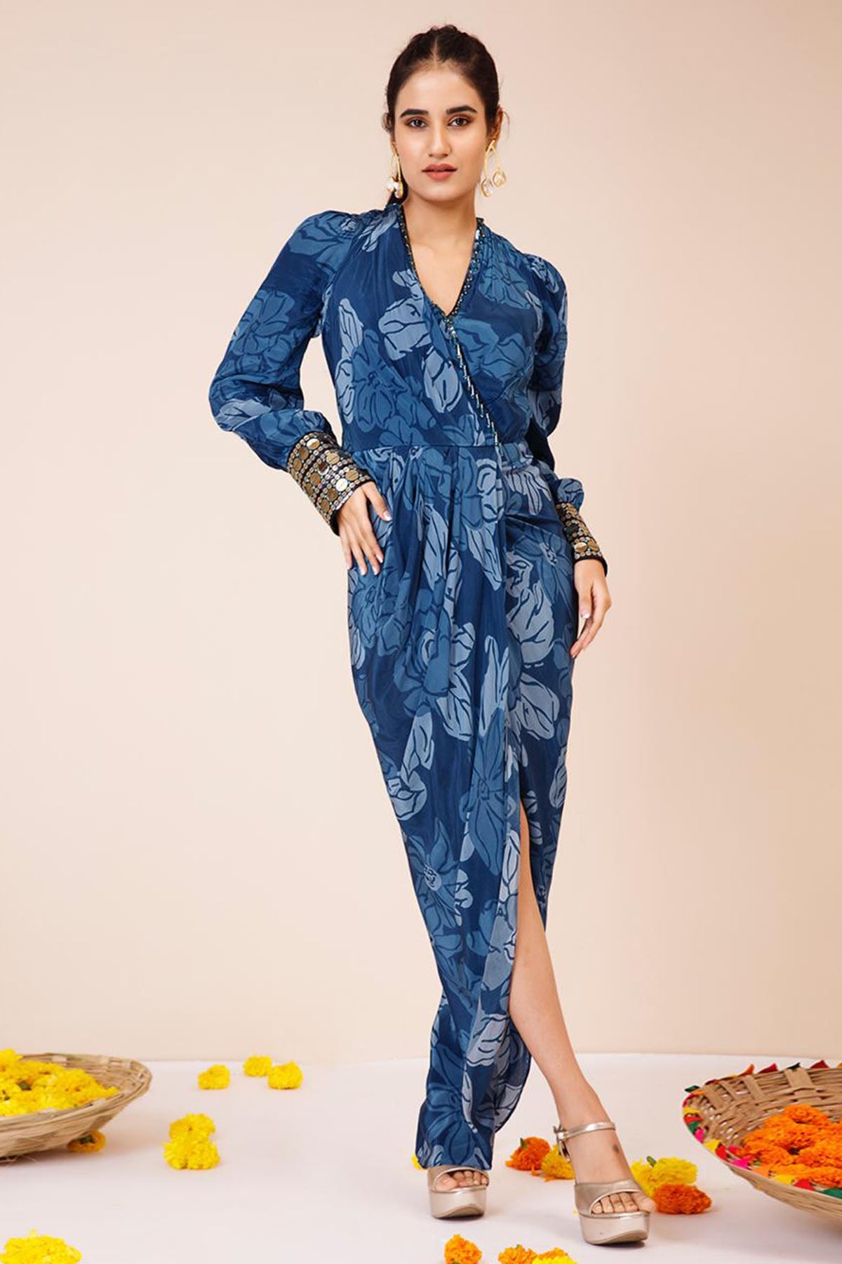 Buy Blue Hand Embroidered Maxi Dress by Niyami for women online at ScrollnShops