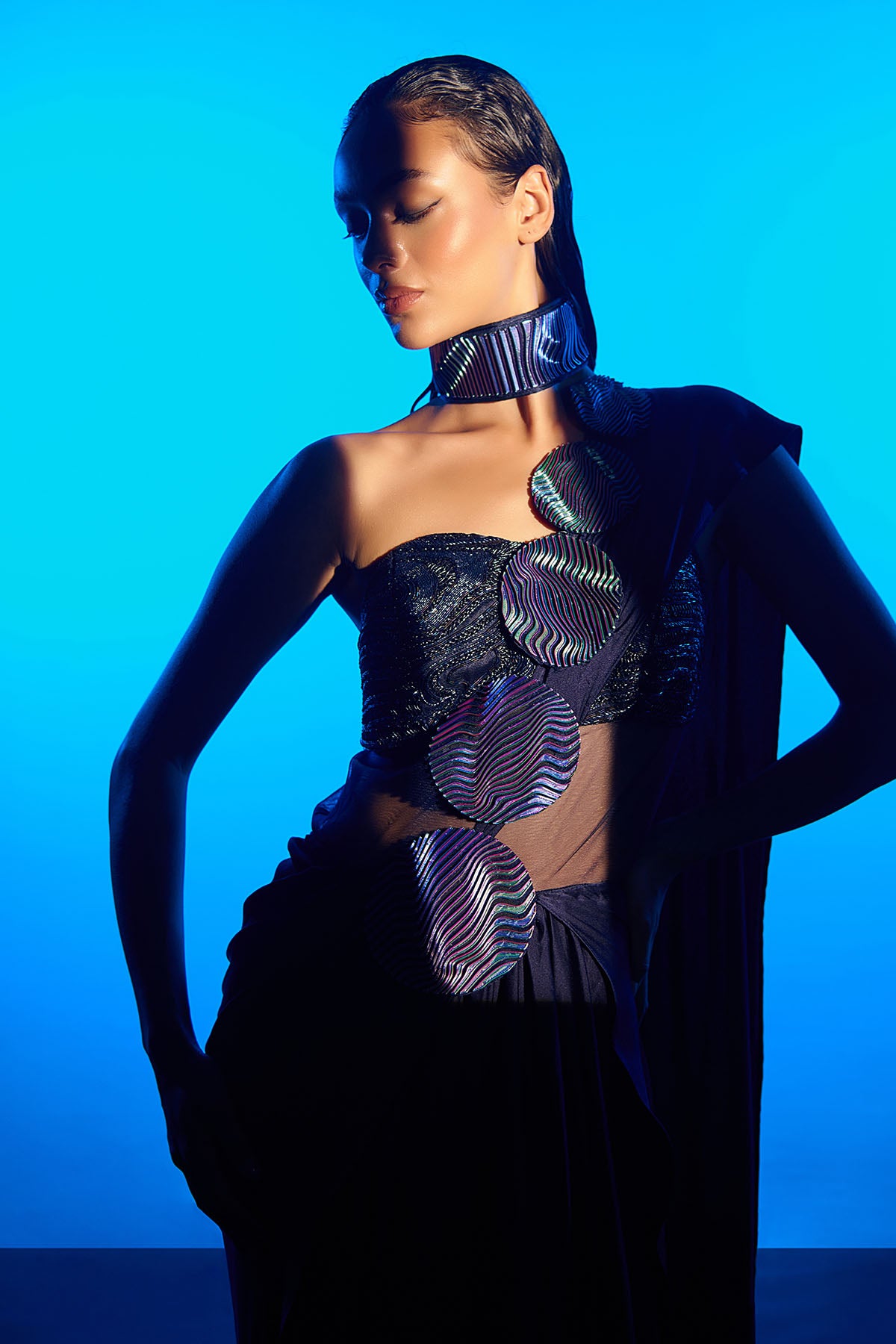 Blue Hand Embroidered Saree Gown