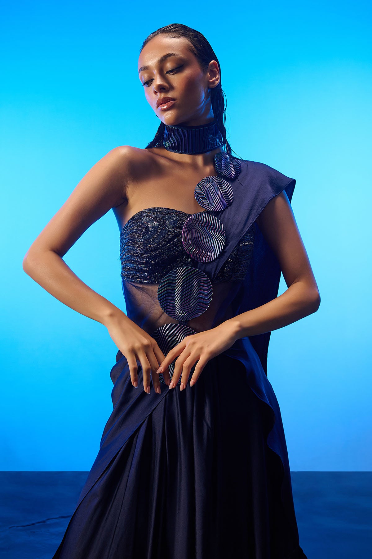 Blue Hand Embroidered Saree Gown