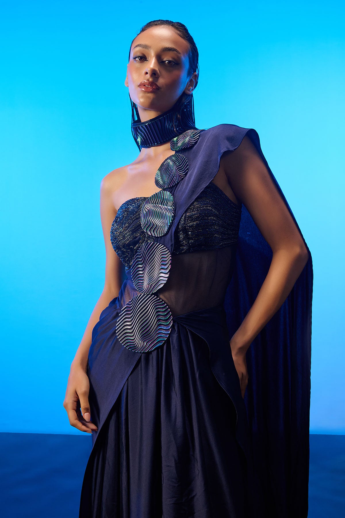 Blue Hand Embroidered Saree Gown