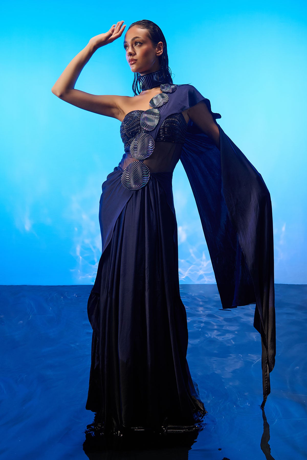 Blue Hand Embroidered Saree Gown