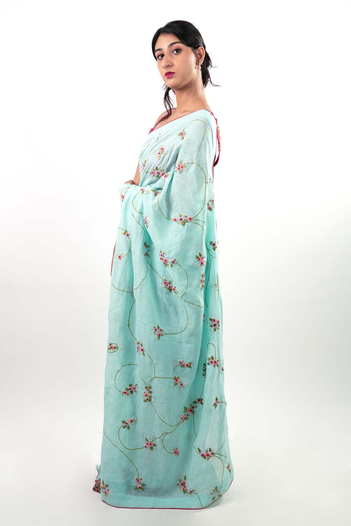 Blue Hand Embroidered Saree