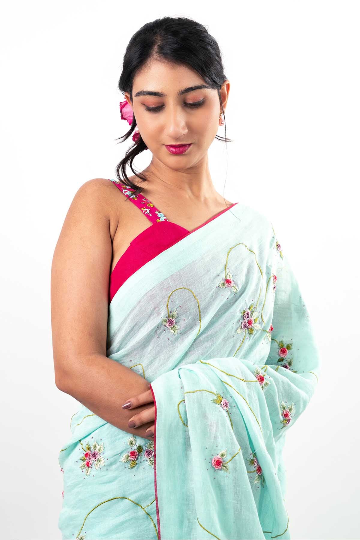 Blue Hand Embroidered Saree