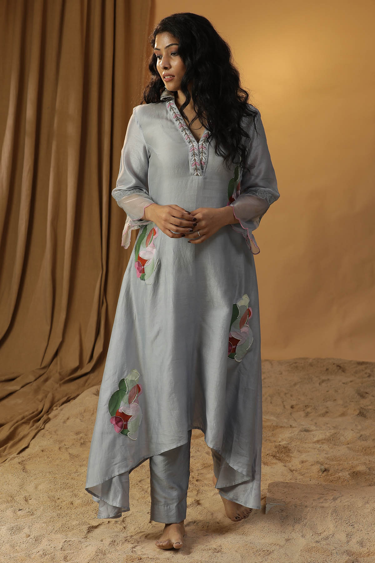 Ice Blue Handpainted Kurta Set