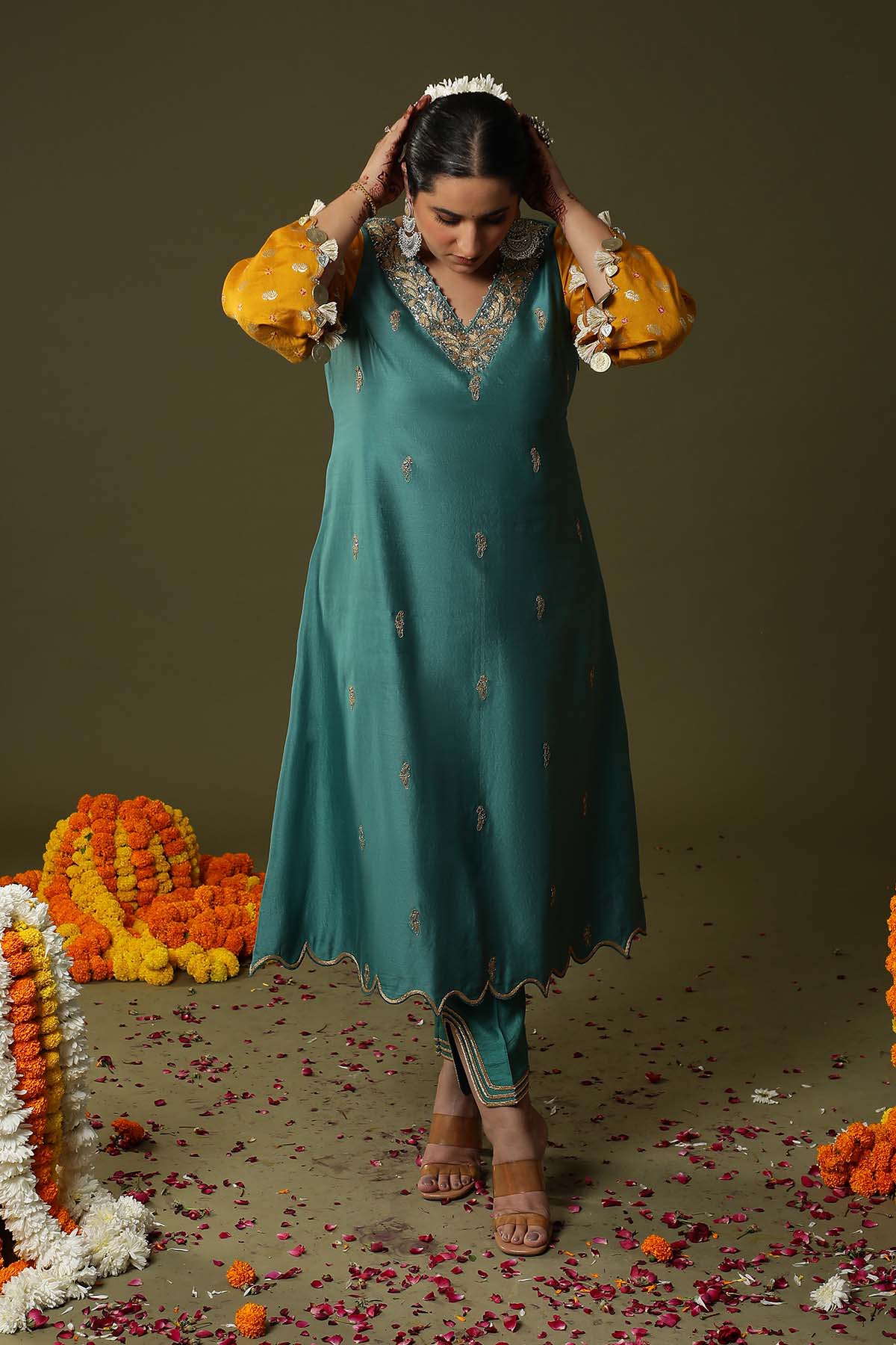 Blue Hand Printed Long Kurta Set