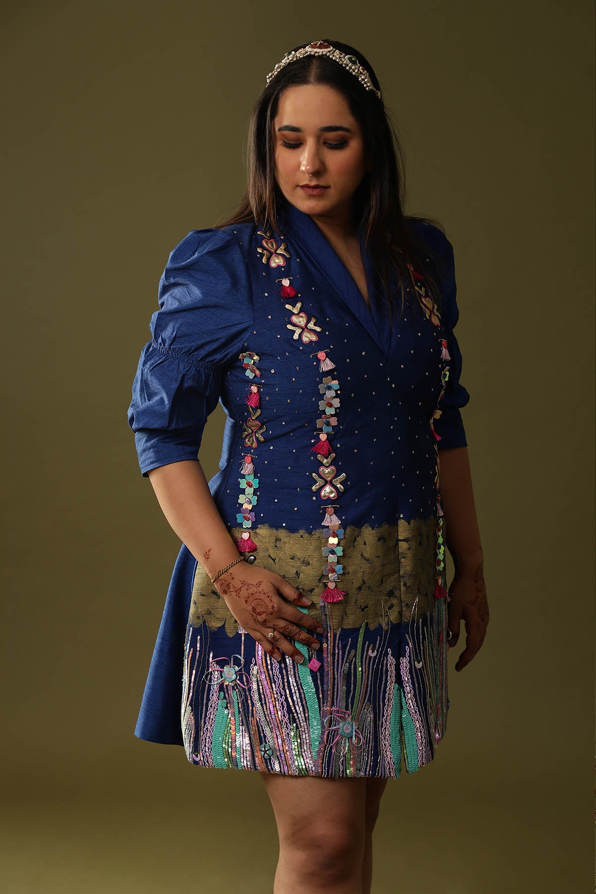 Blue Hand Printed Mini Dress