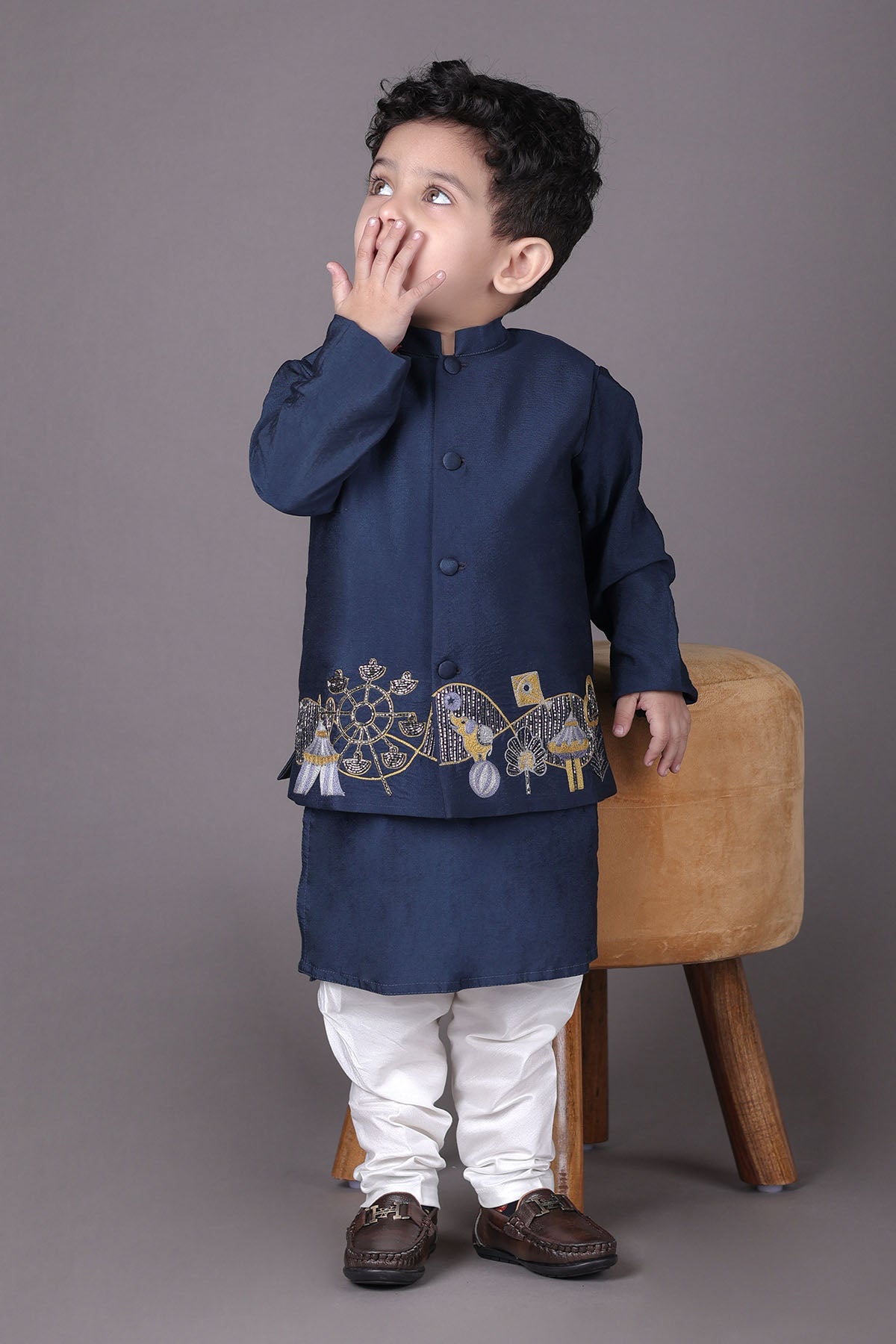 Buy Blue Hand Work Bandhgala Set by Little Brats for Boys online at ScrollnShops