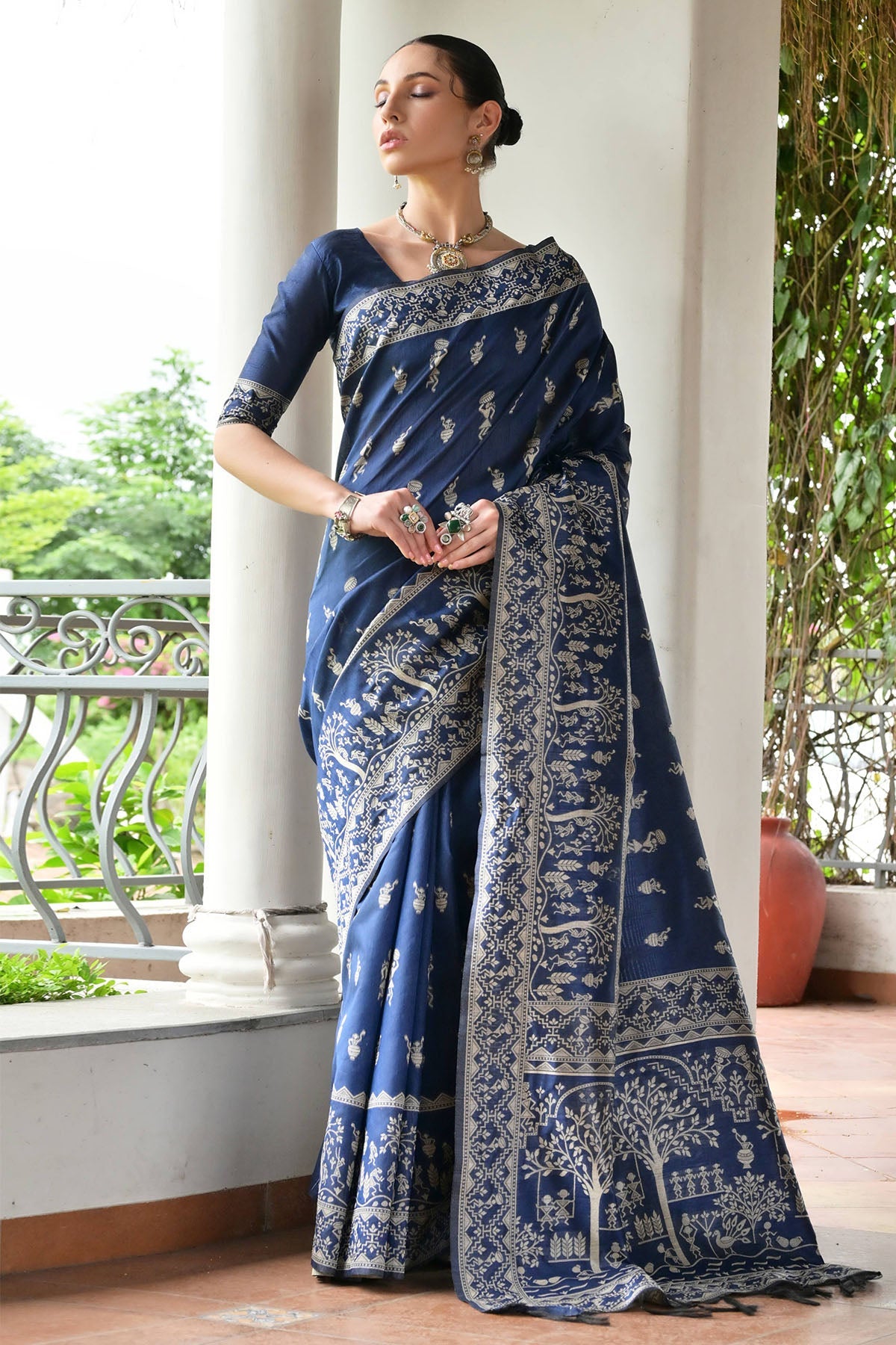 Buy Blue Handloom Raw Silk Saree for women by Lili Lala Designer online available at scrollnshops