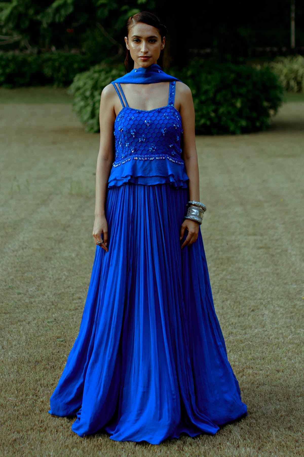 Pavone Blue Handwork Gown & Dupatta for women online at ScrollnShops
