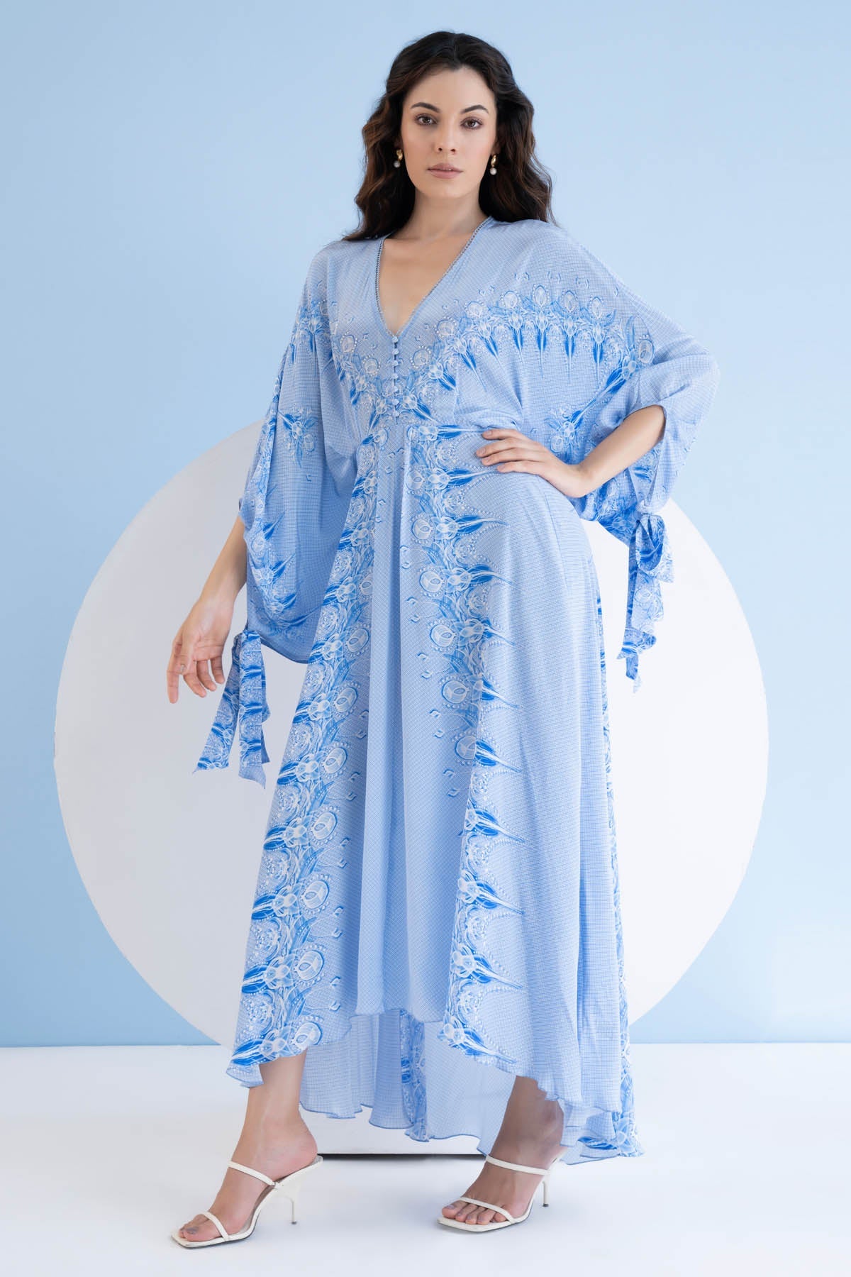 Buy Blue High Low Printed Dress by Mandira Wirk