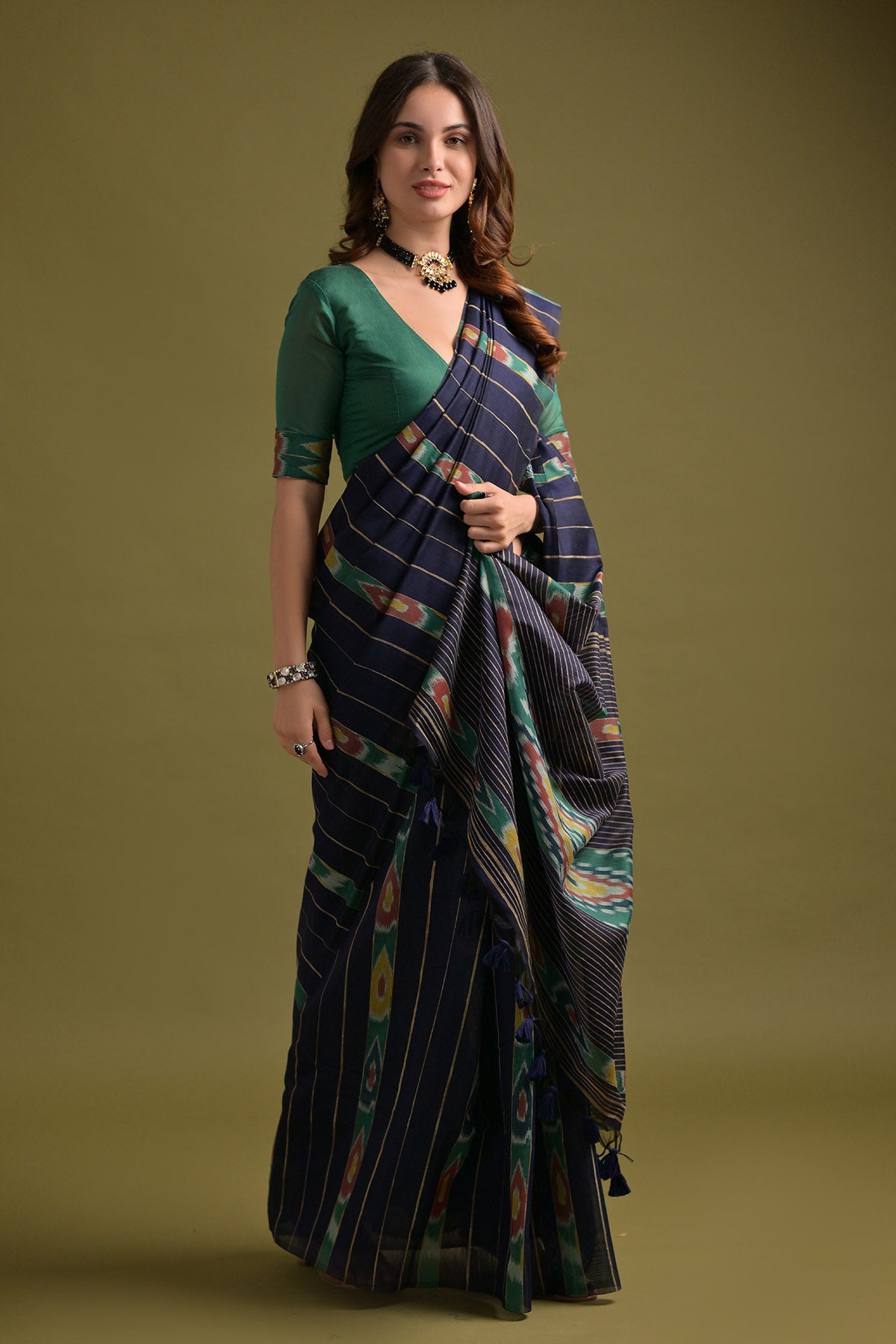 Blue Ikkat Cotton Printed Saree