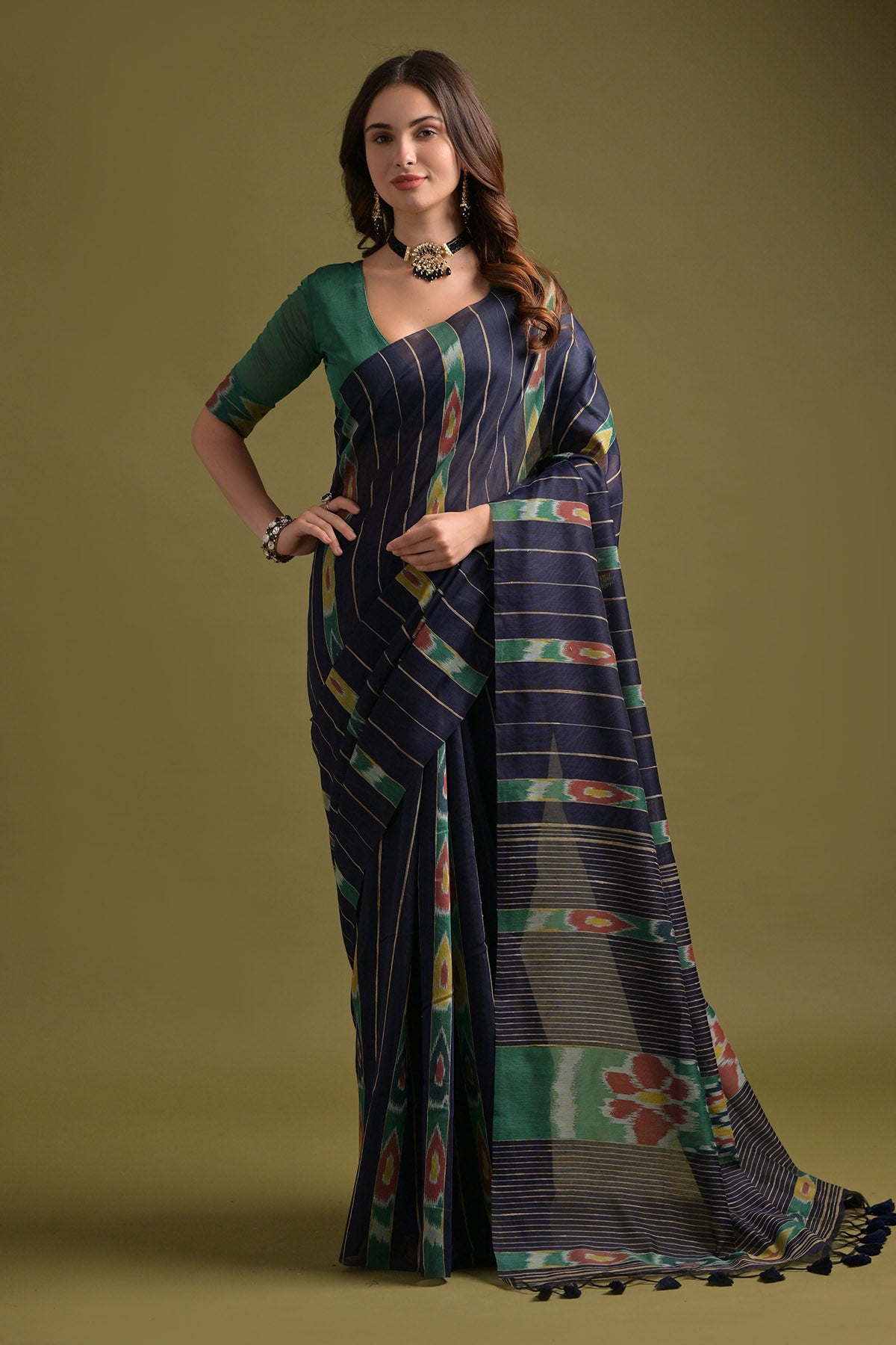 Buy Blue Ikkat Cotton Printed Saree by Lili Lala for women online at ScrollnShops