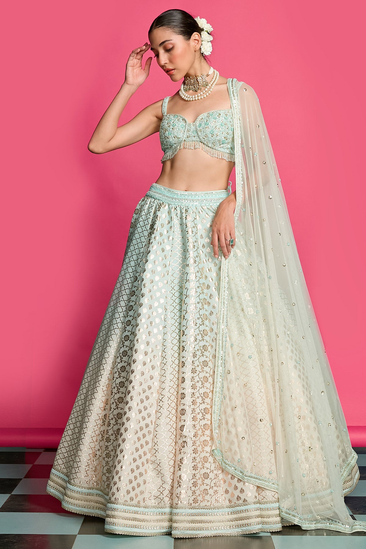 Blue & Ivory Dyed Lehenga Set