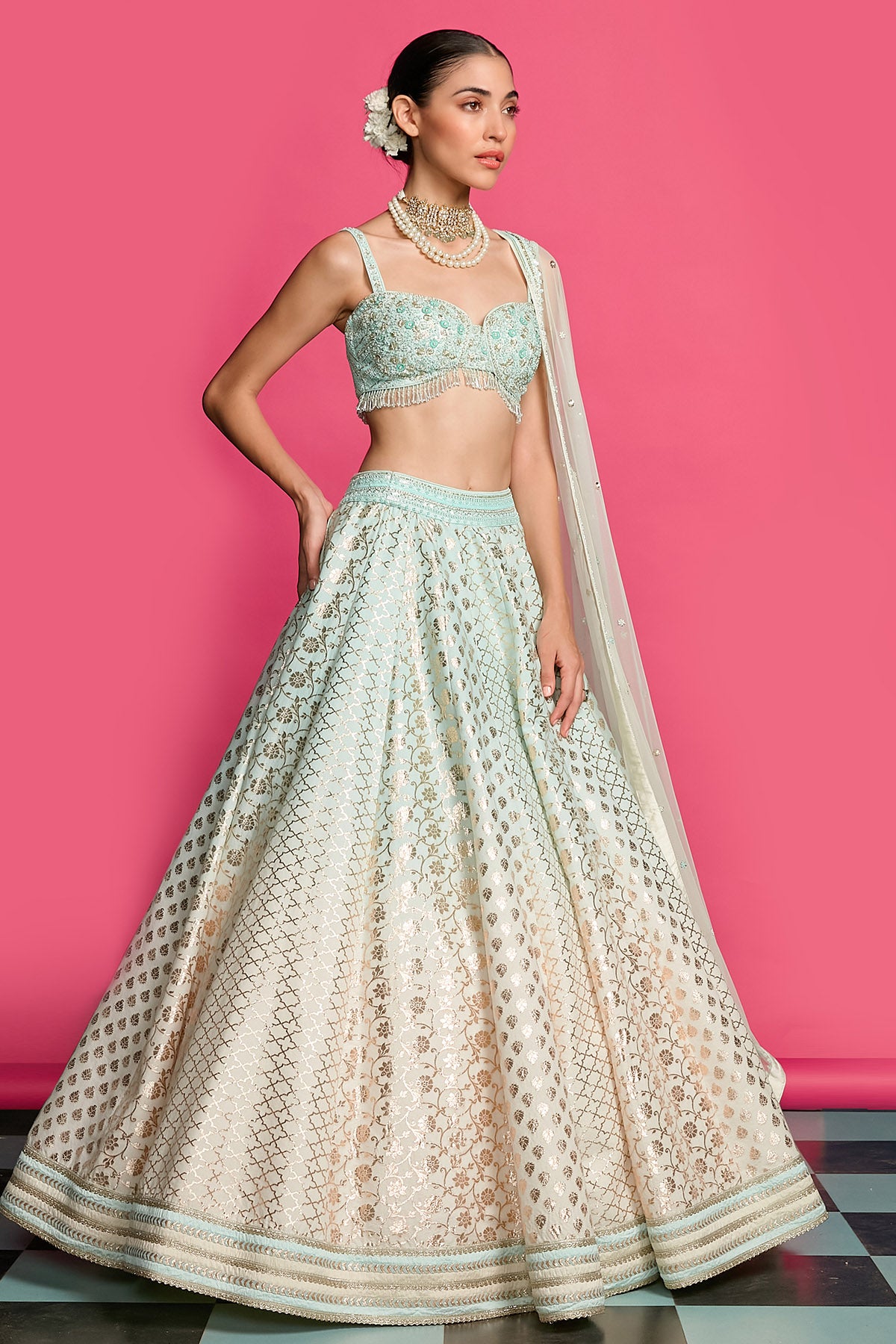 Blue & Ivory Dyed Lehenga Set