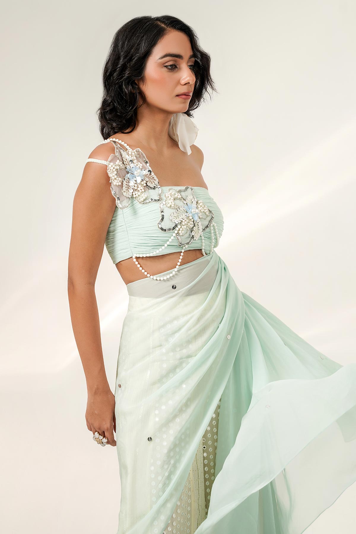 Blue & Ivory Pearl Sharara Set