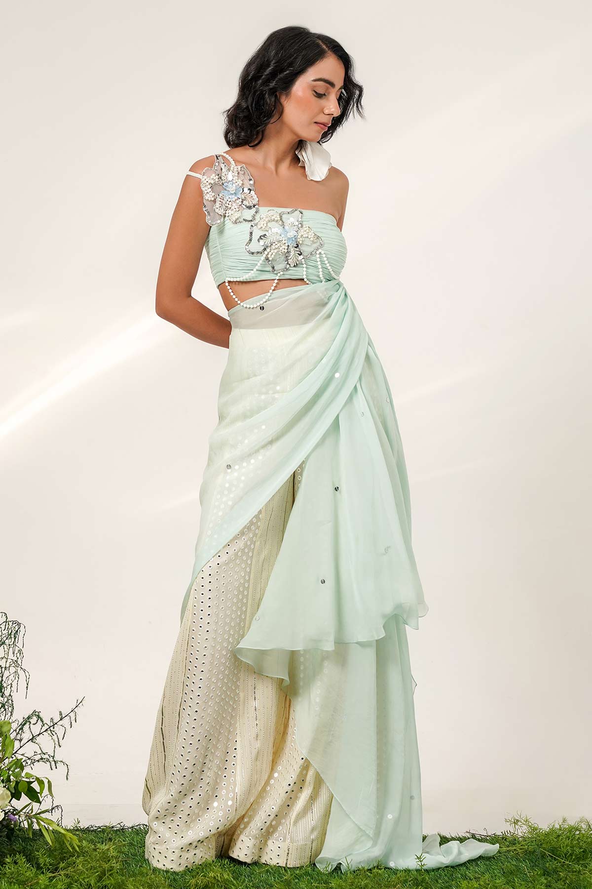 Blue & Ivory Pearl Sharara Set