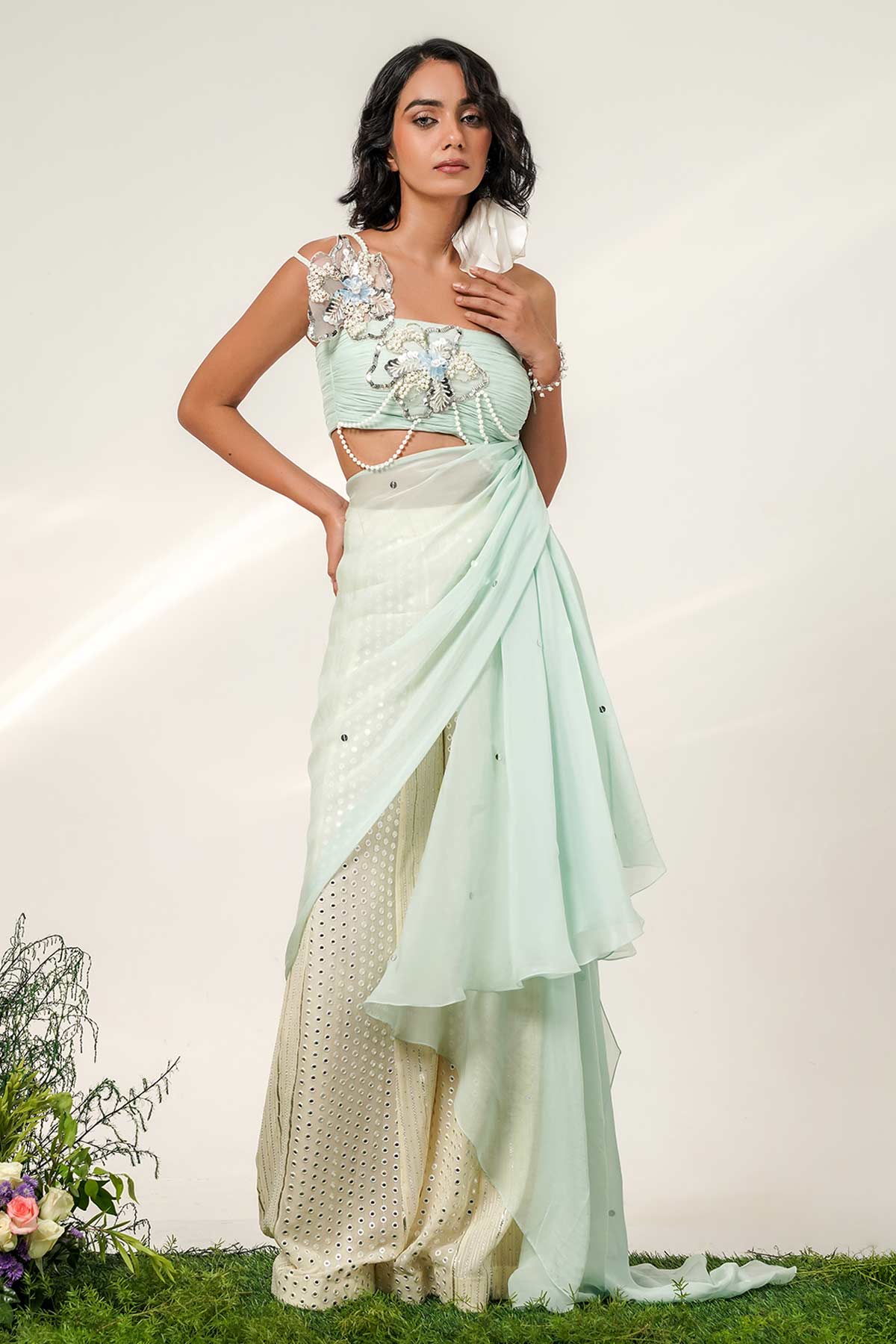 Buy Blue & Ivory Pearl Sharara Set for women by Shwetanga online available at scrollnshops